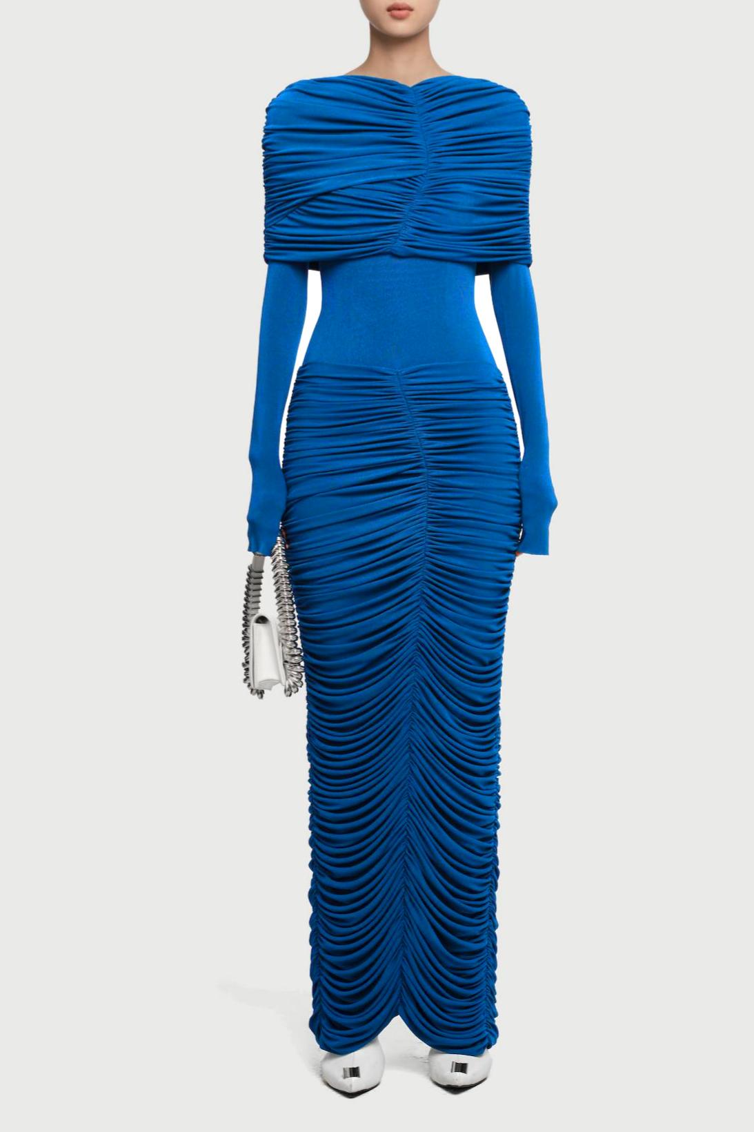 Gathering Solid  Long Sleeve Maxi Dress