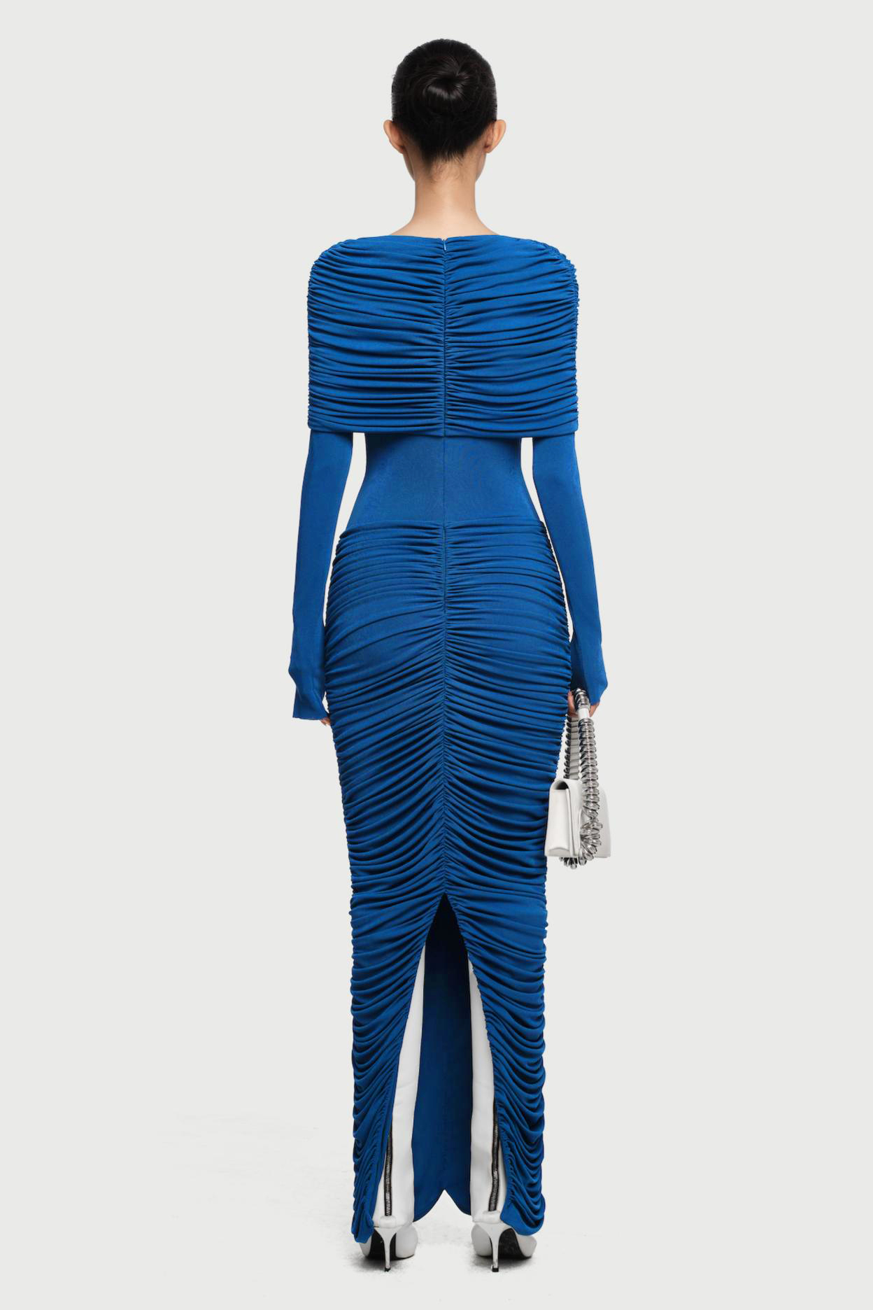 Gathering Solid  Long Sleeve Maxi Dress