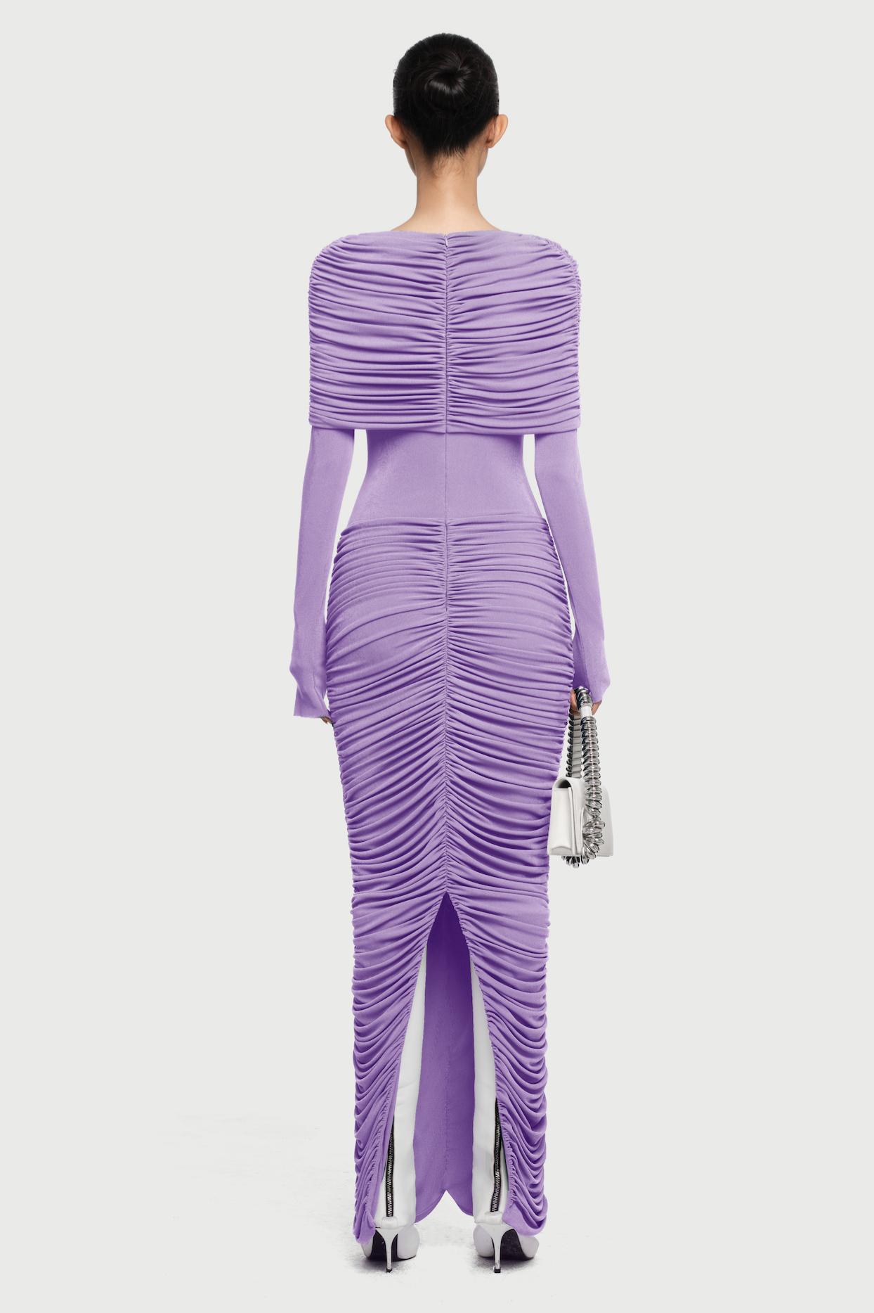 Gathering Solid  Long Sleeve Maxi Dress