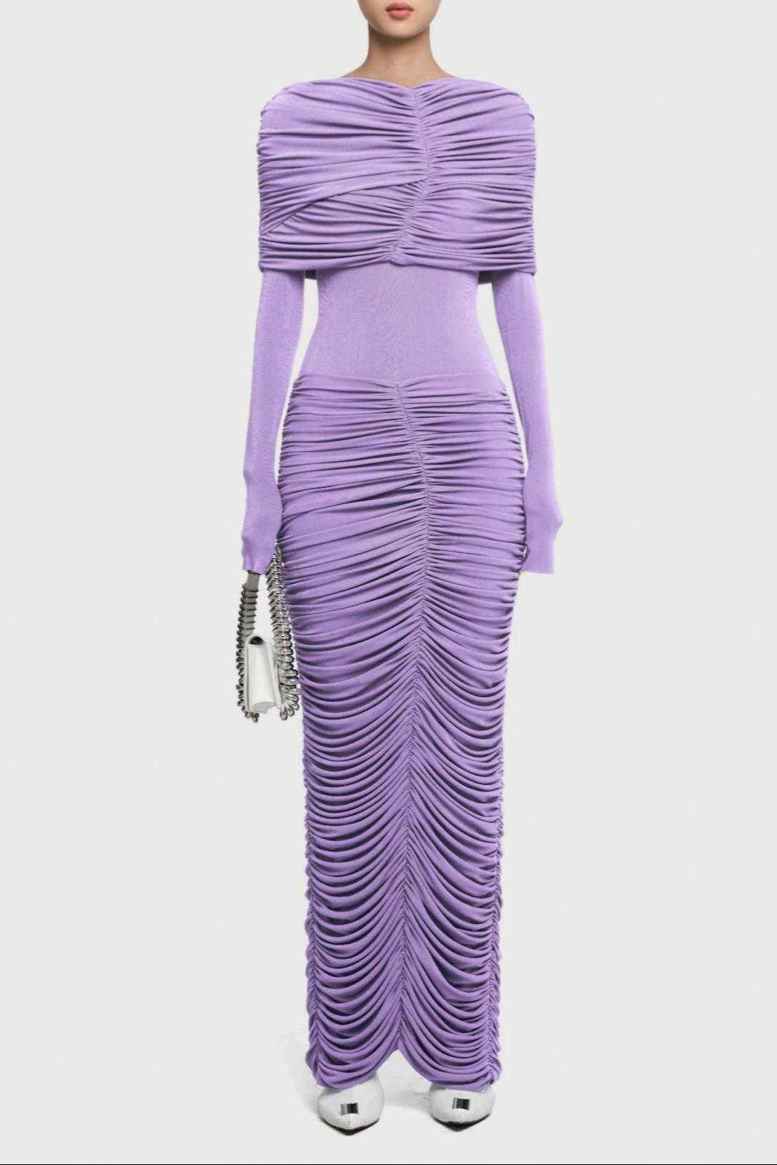 Gathering Solid  Long Sleeve Maxi Dress