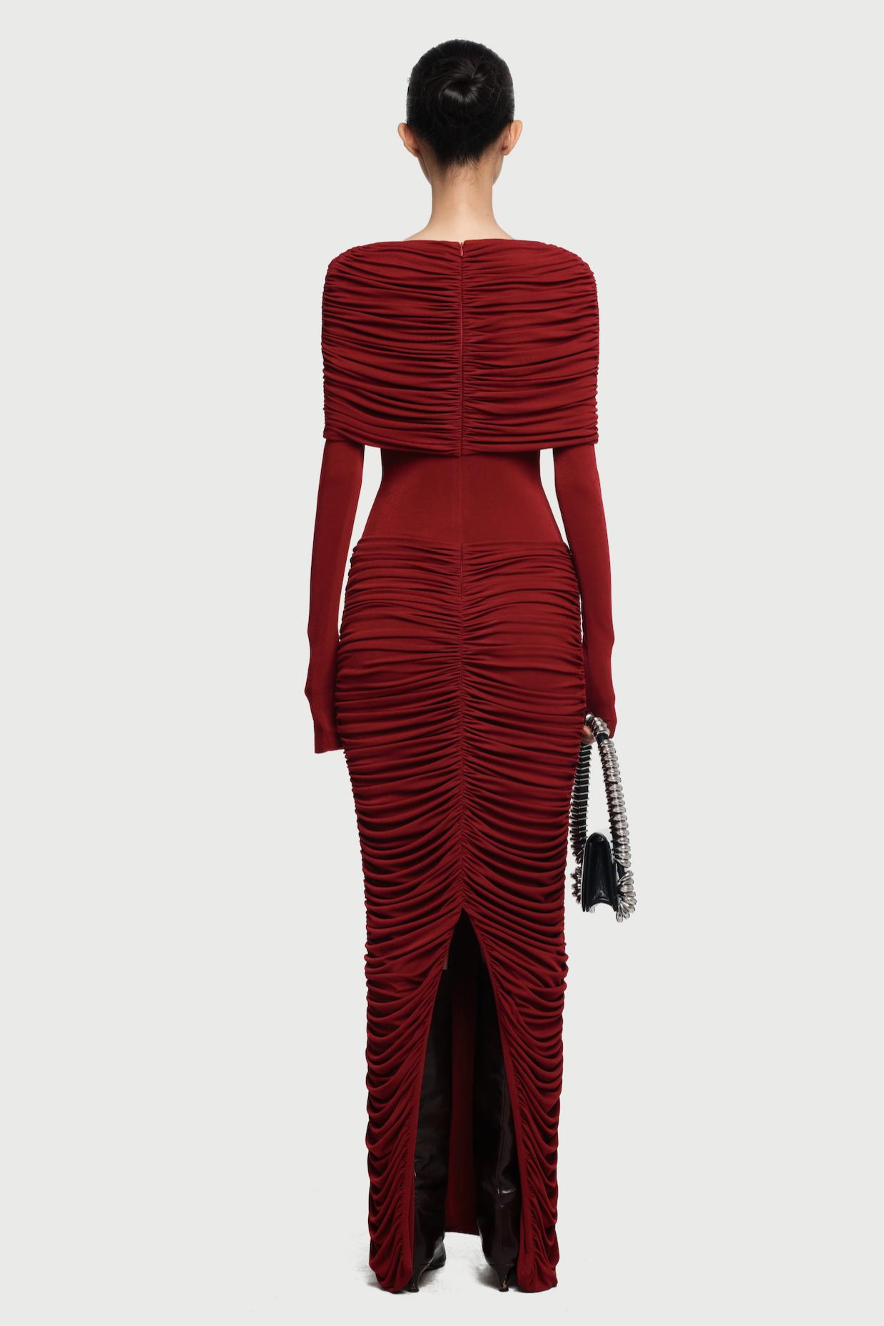 Gathering Solid  Long Sleeve Maxi Dress