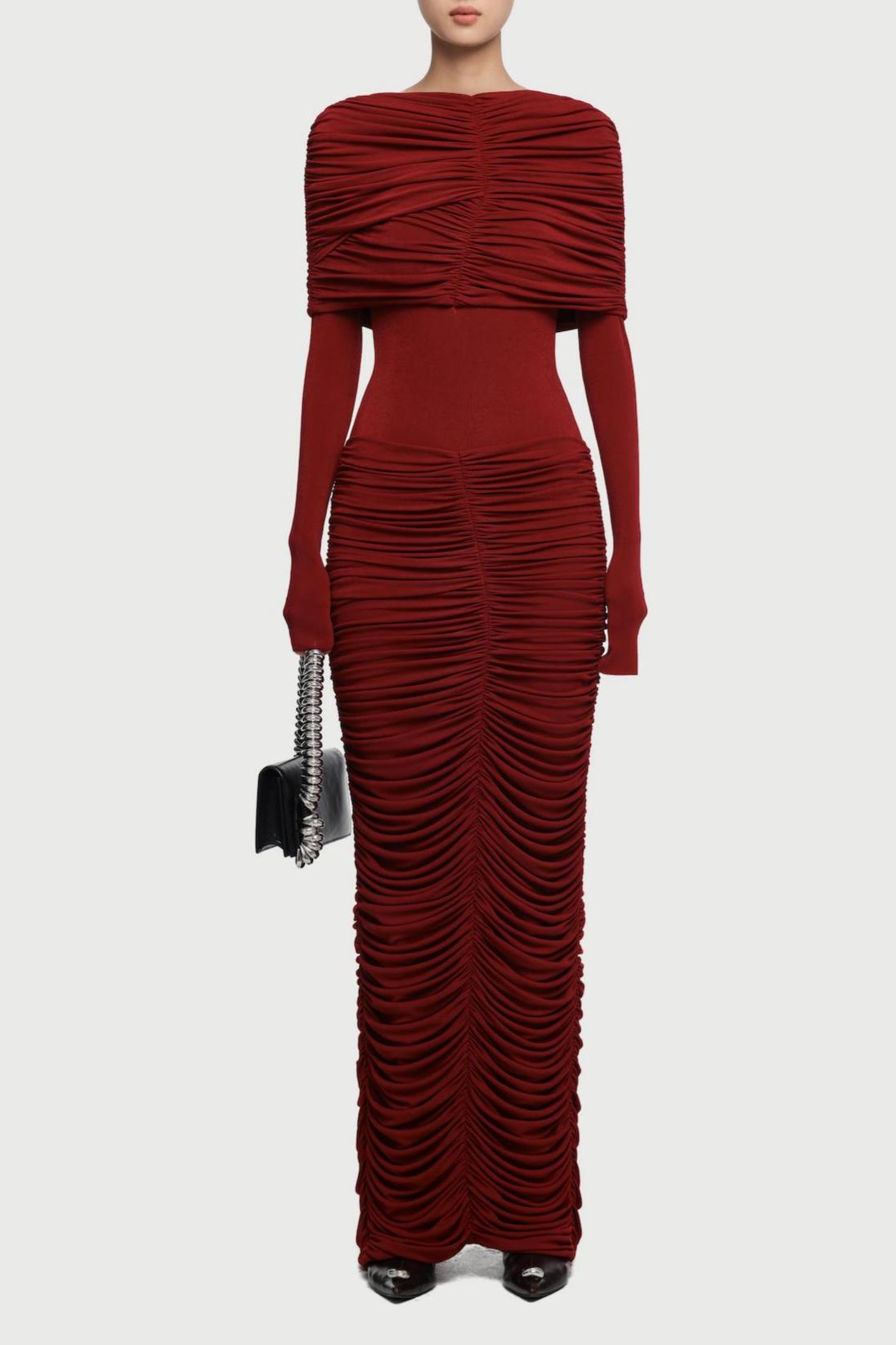 Gathering Solid  Long Sleeve Maxi Dress