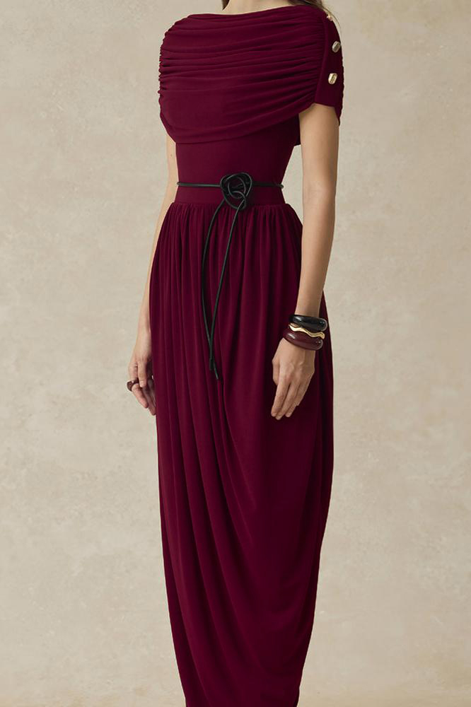 Metal Decorations Gathering Maxi Dress With Belt