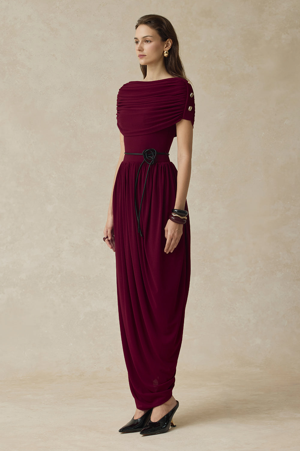 Metal Decorations Gathering Maxi Dress With Belt