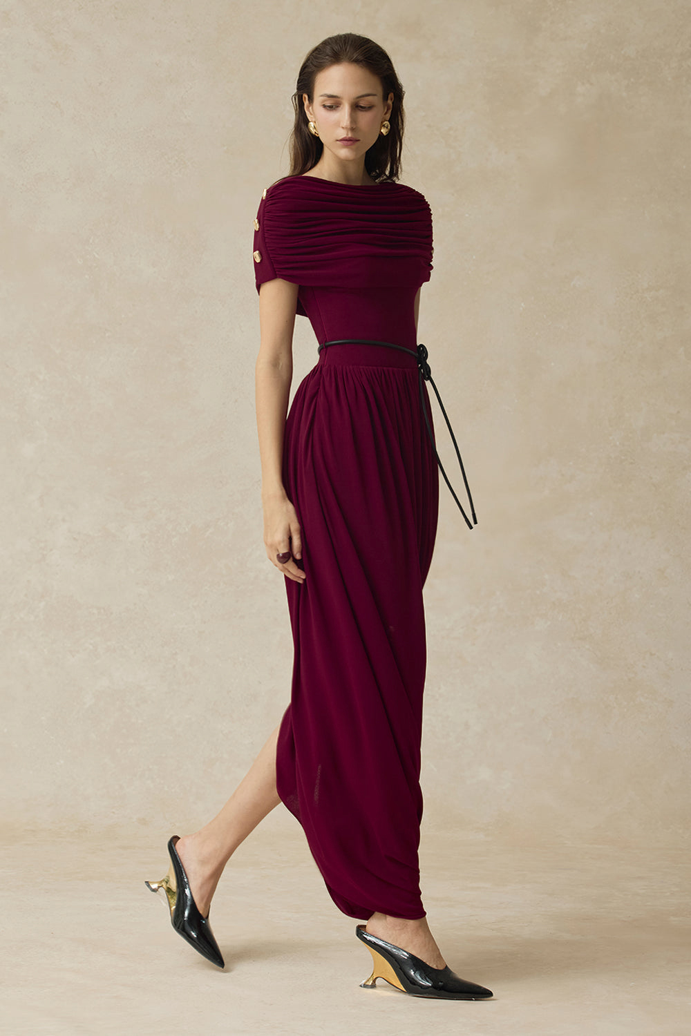 Metal Decorations Gathering Maxi Dress With Belt