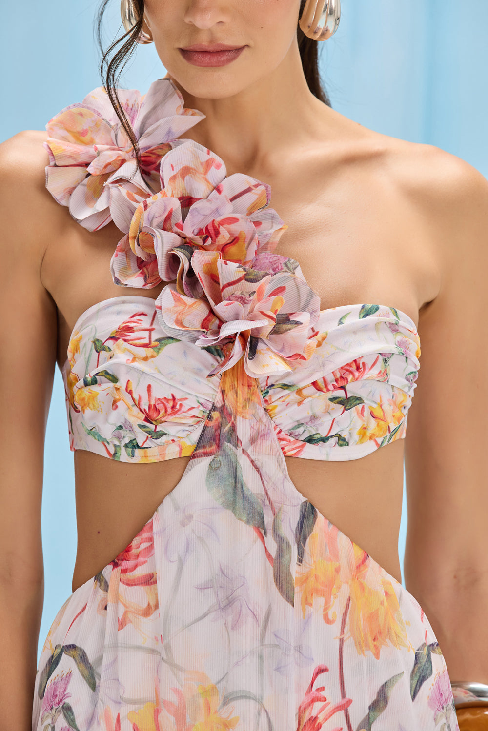 3D Floral Ruffle One Shoulder Midi Dress