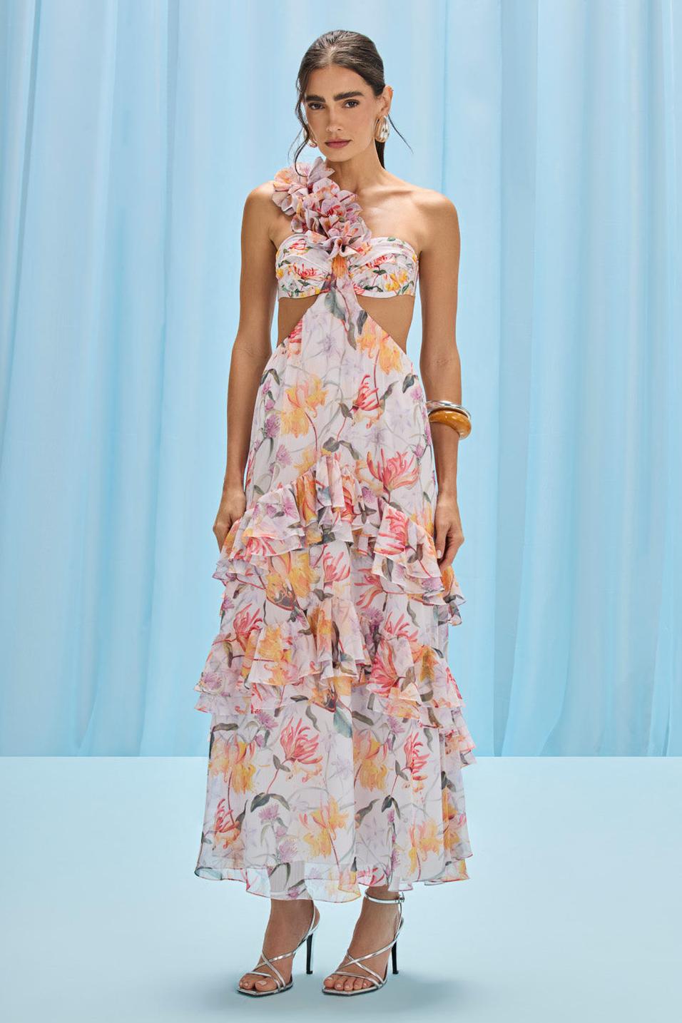 3D Floral Ruffle One Shoulder Midi Dress