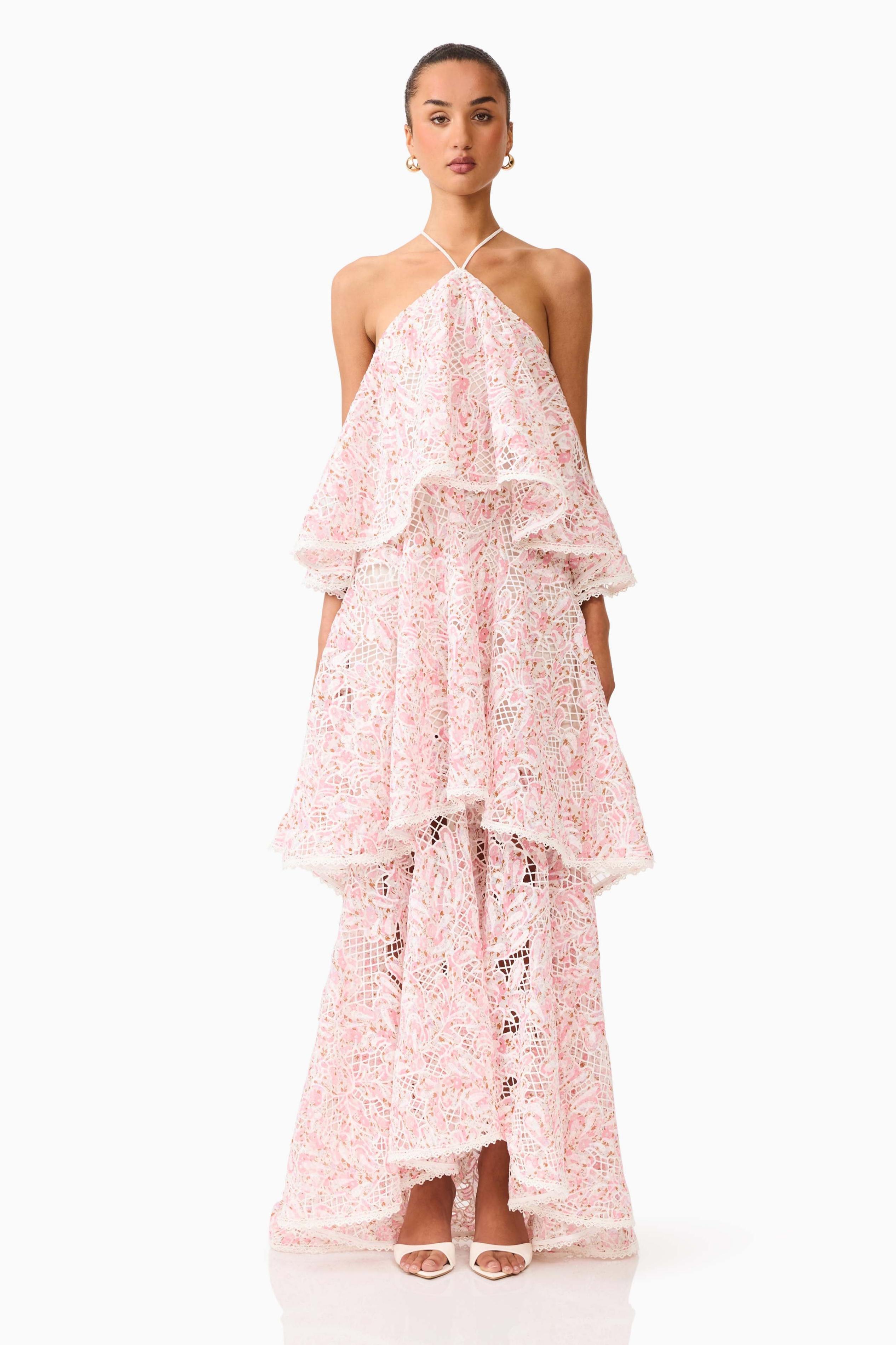 Embroidered Ruffle Halter Neck Midi Dress