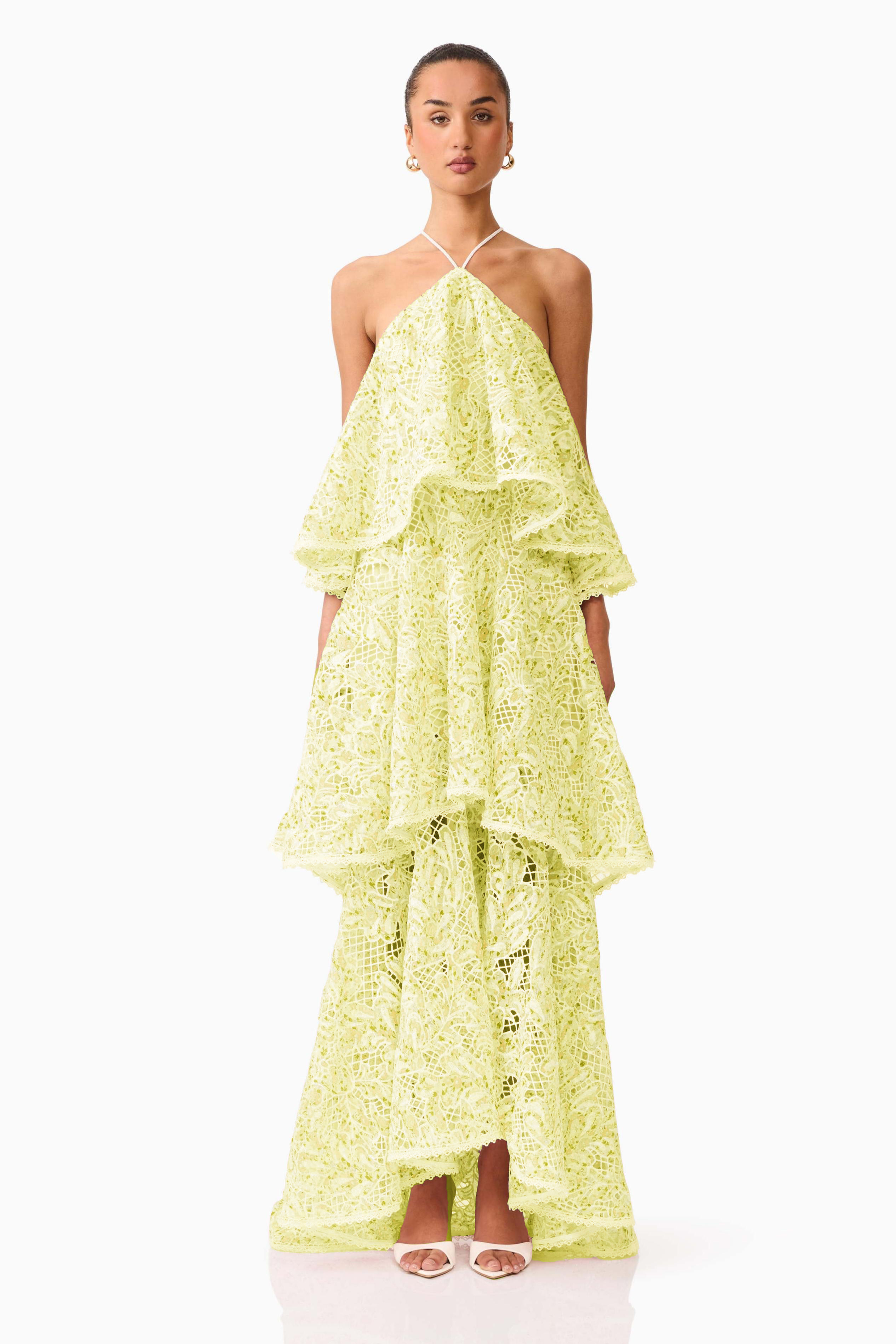 Embroidered Ruffle Halter Neck Midi Dress