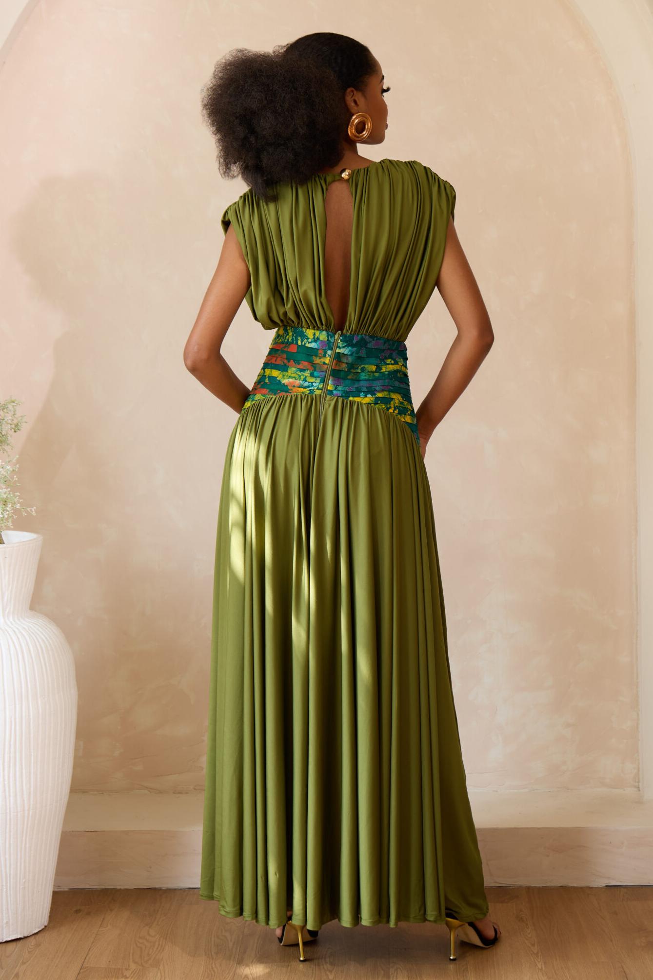 Gathering Pleated V-Neck Midi Dress
