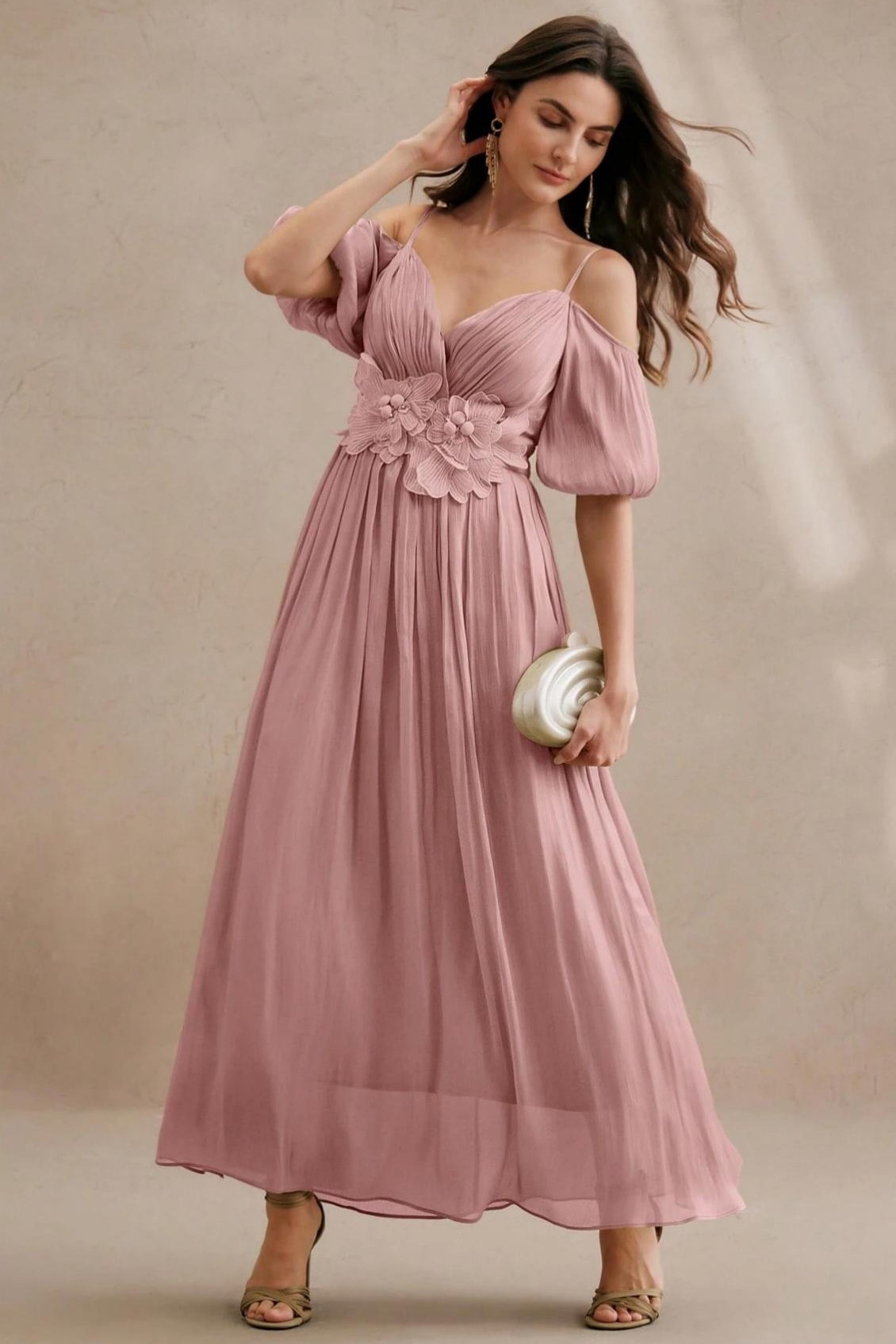 Embroidered 3D Flower Puff Sleeve Midi Dress