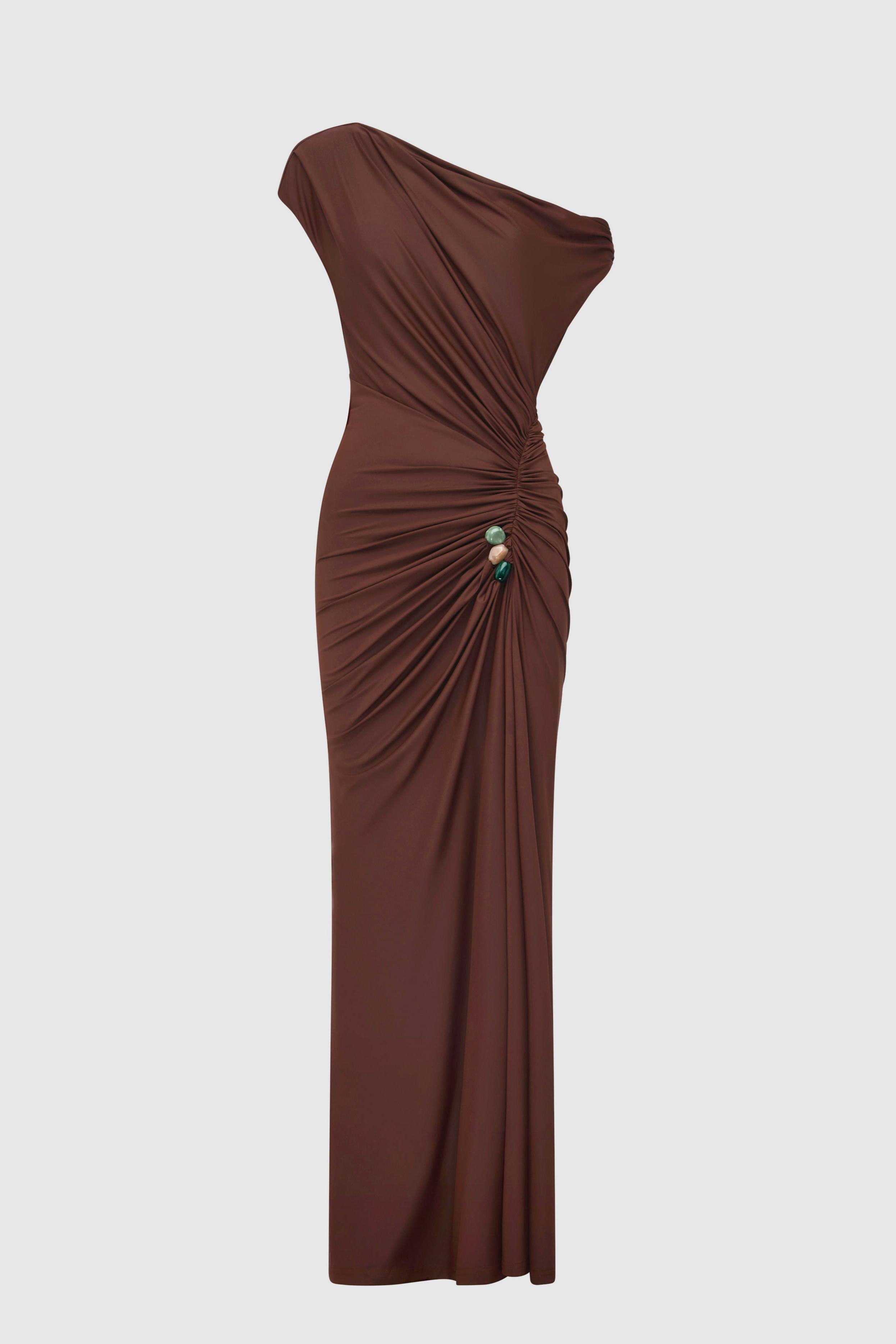 Jersey Beaded Gathering Midi Dress