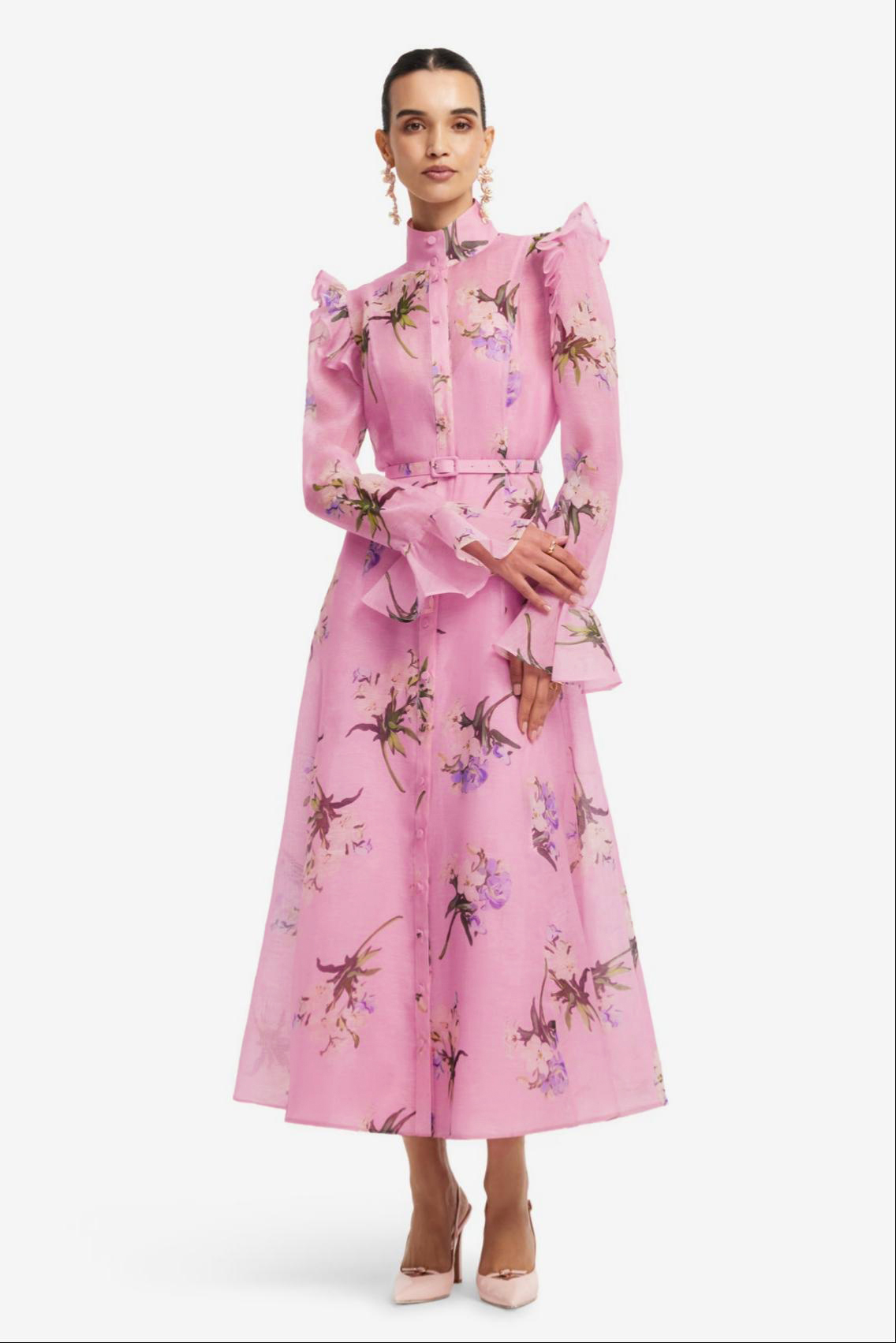Floral Ruffle Midi Dress With Belt