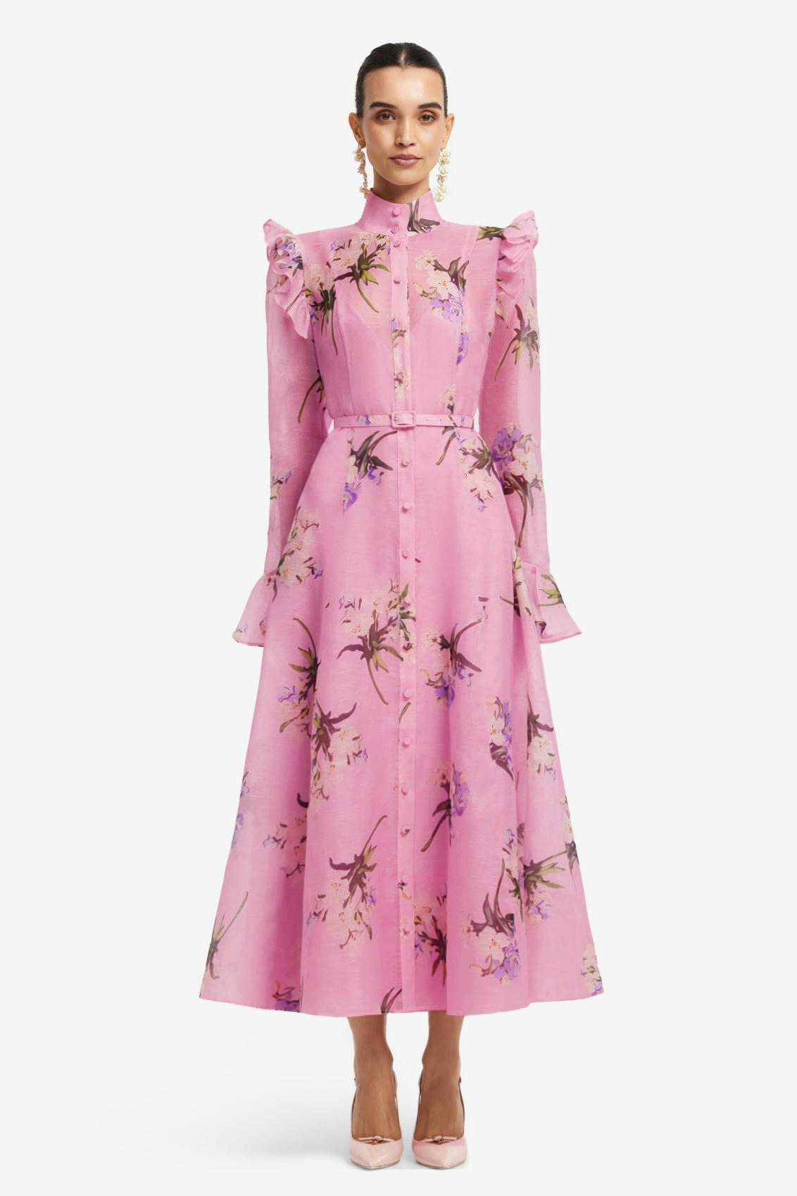 Floral Ruffle Midi Dress With Belt