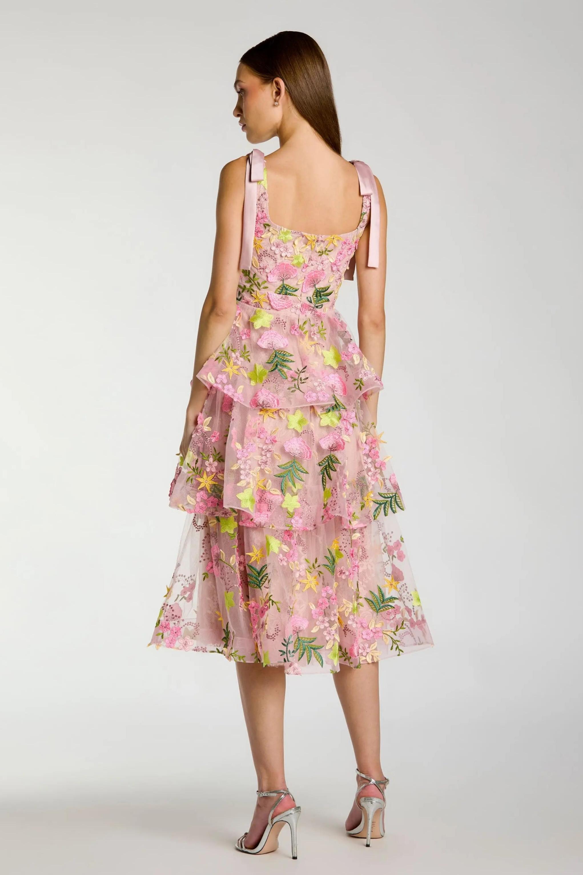 Embroidered Ruffle Bow Midi Dress