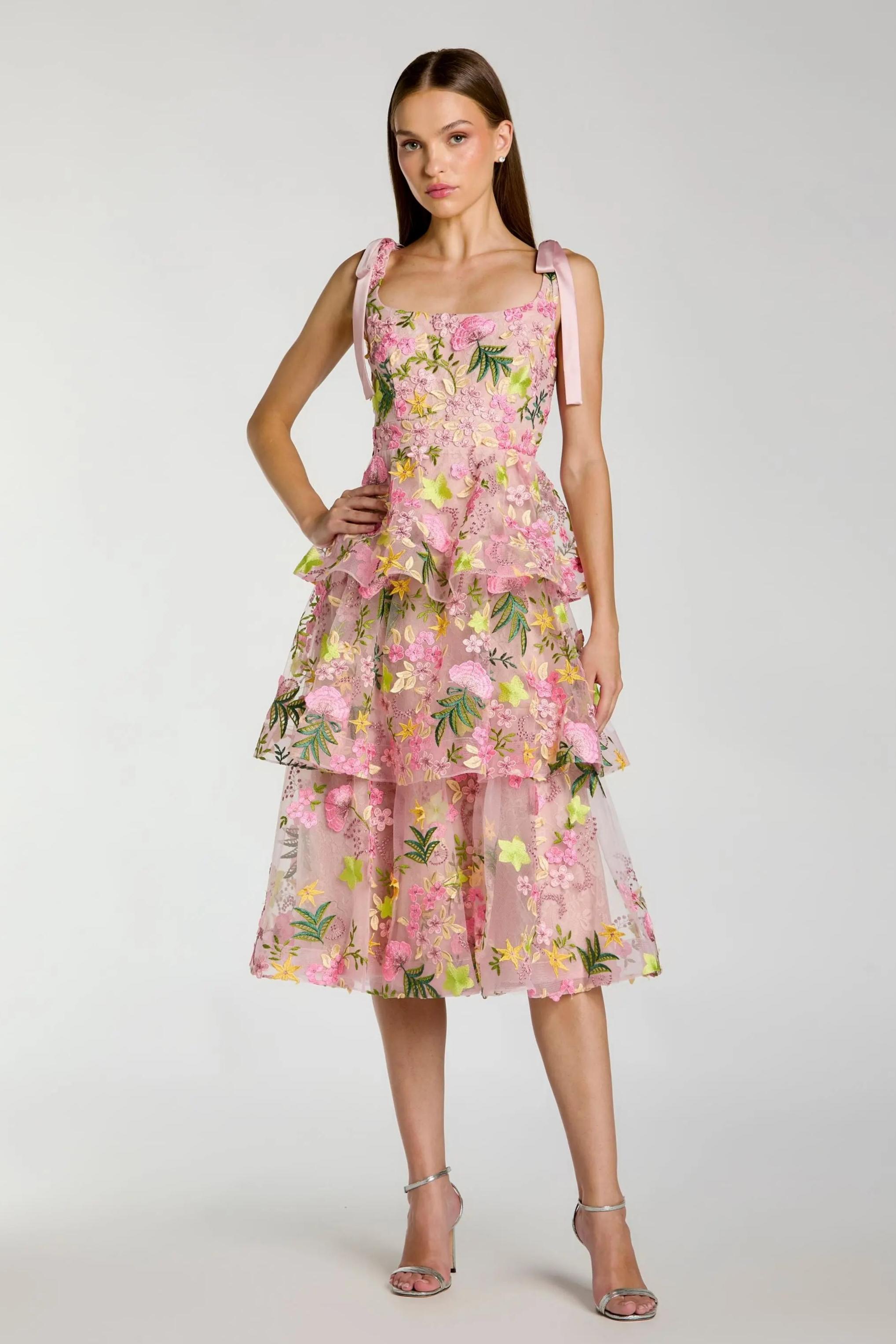 Embroidered Ruffle Bow Midi Dress