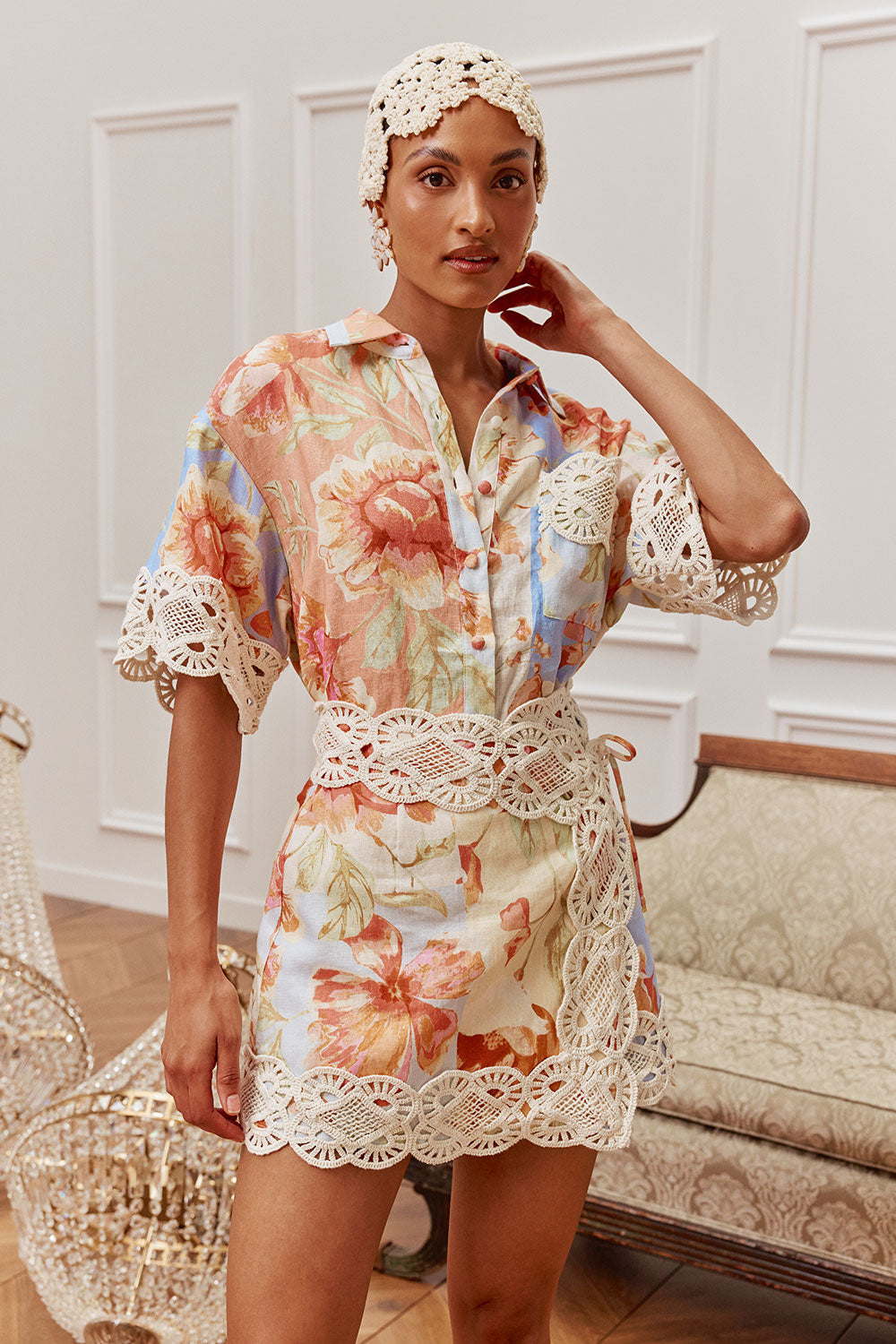 Floral Crochet Top & Wrap Mini Skirt Set