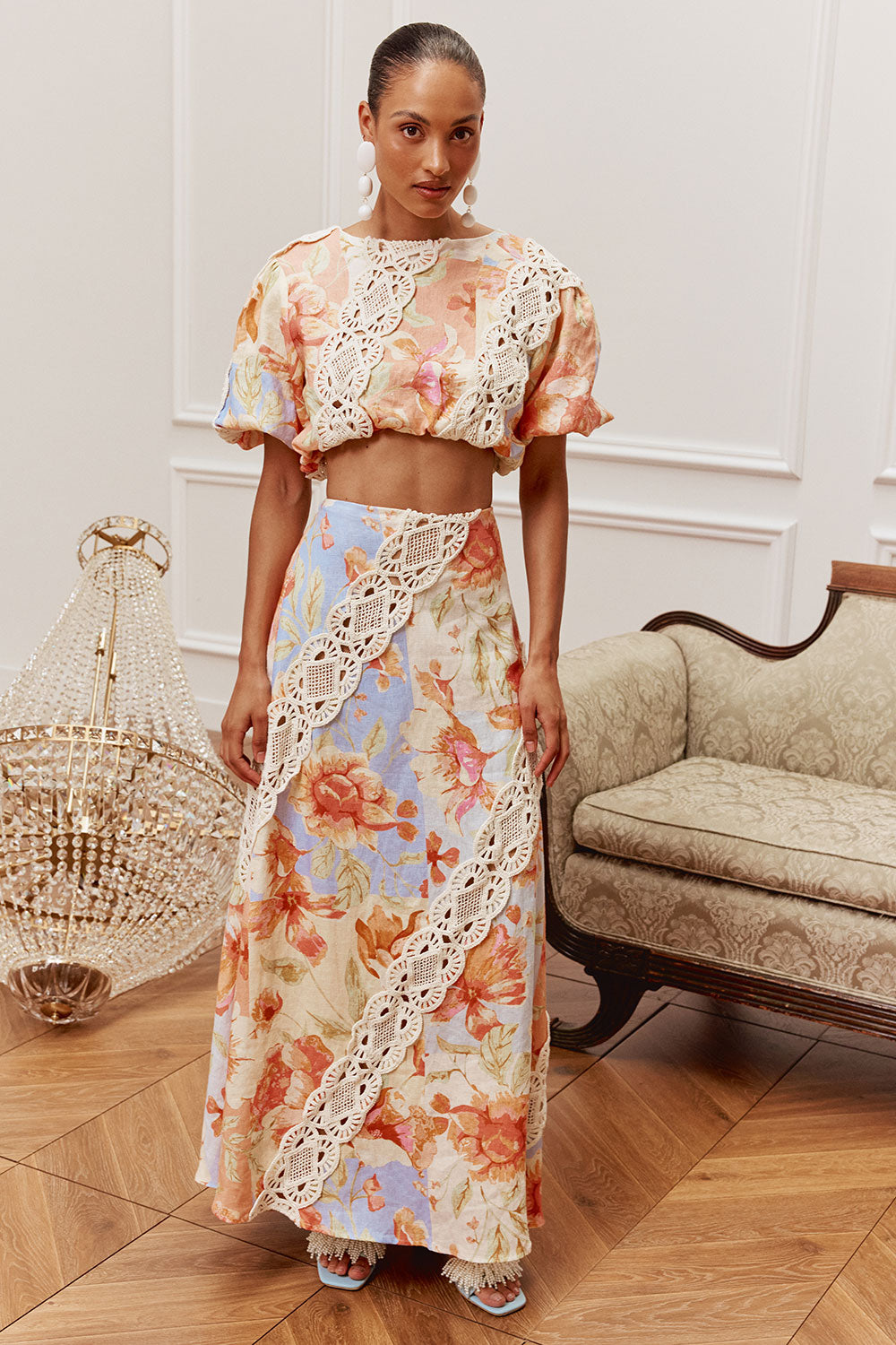 Lace Floral Puff Sleeve Top & High Waist Maxi Skirt Set