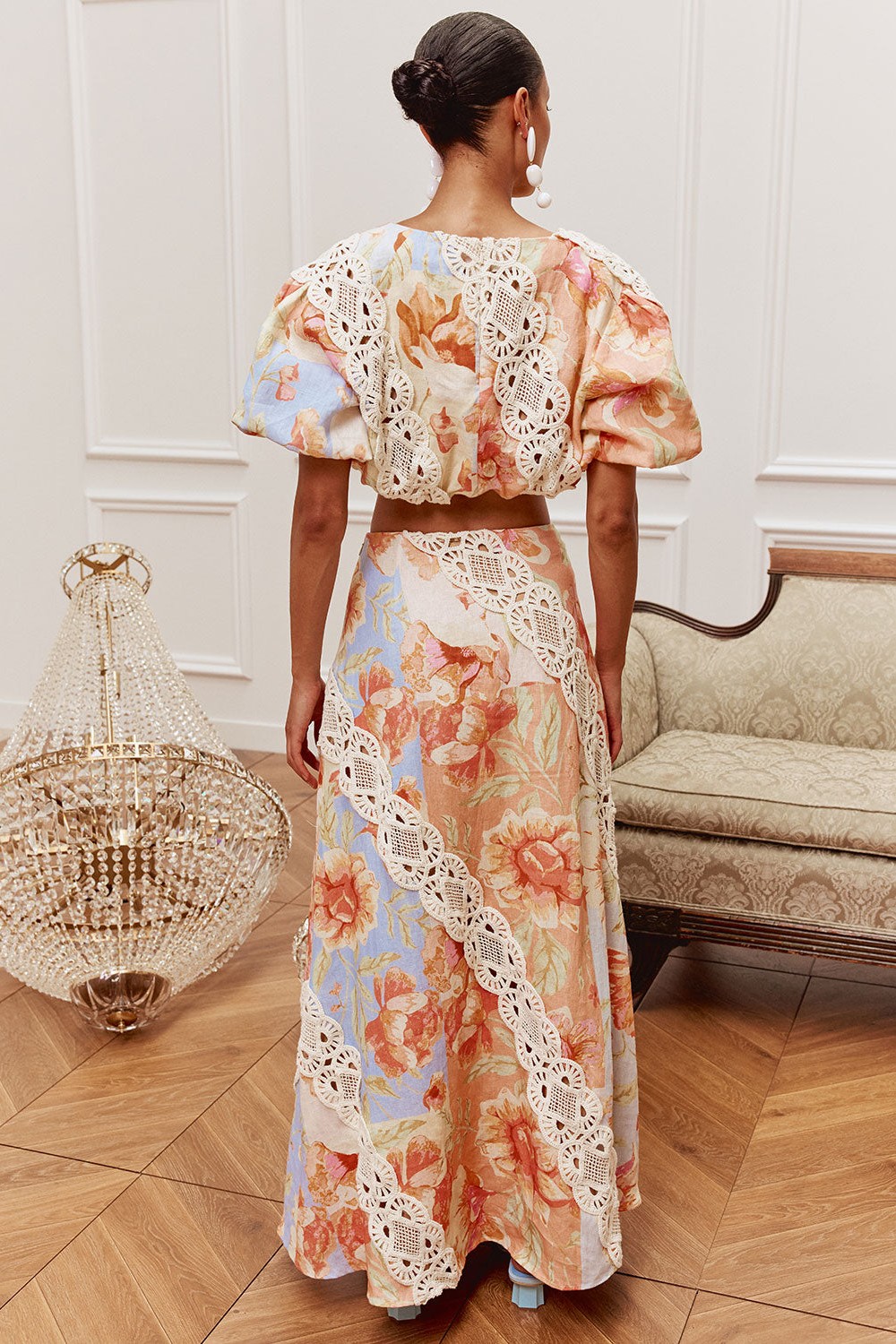 Lace Floral Puff Sleeve Top & High Waist Maxi Skirt Set