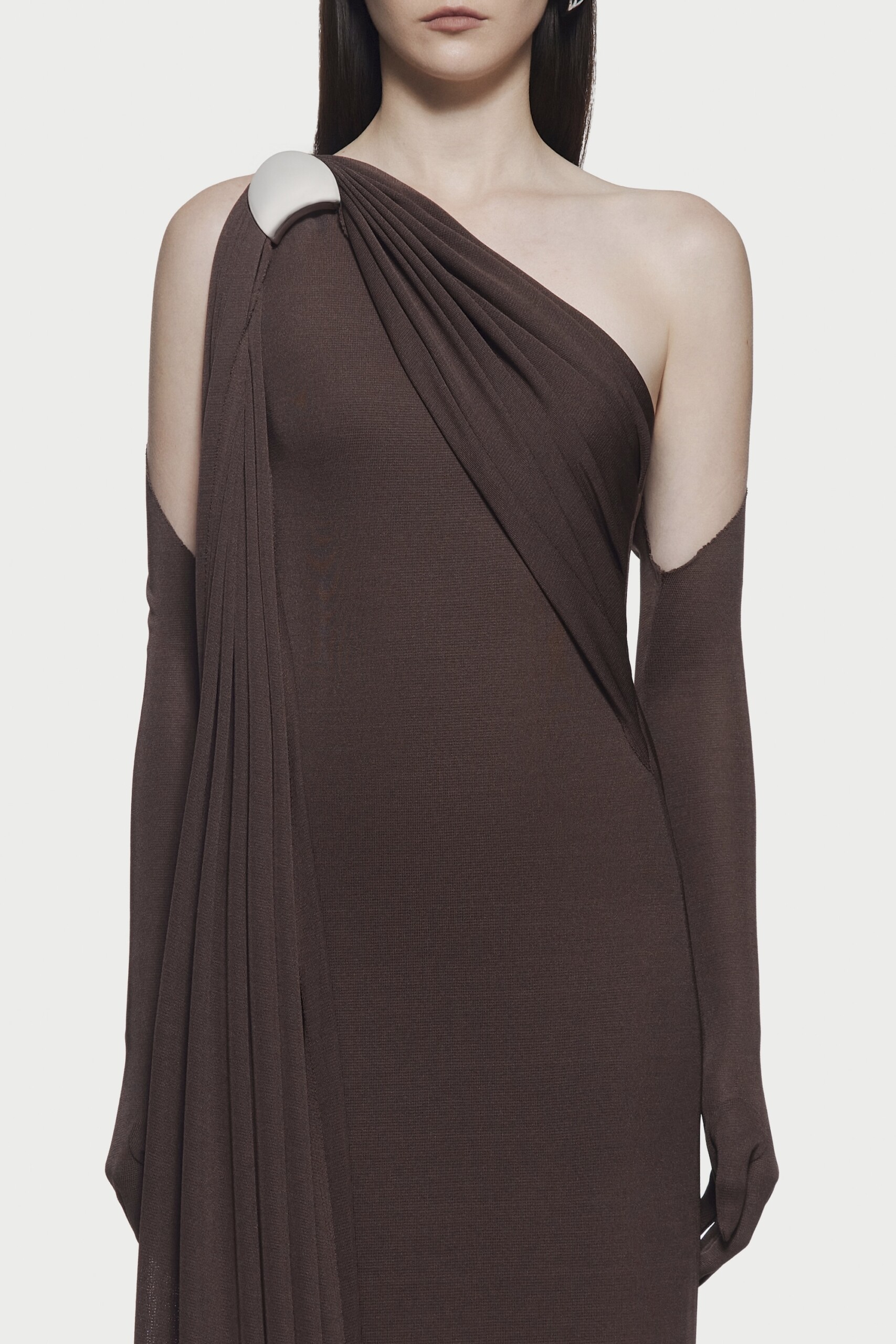 Asymmetric Neck Gathering With Gloves Bodycon Maxi Dress