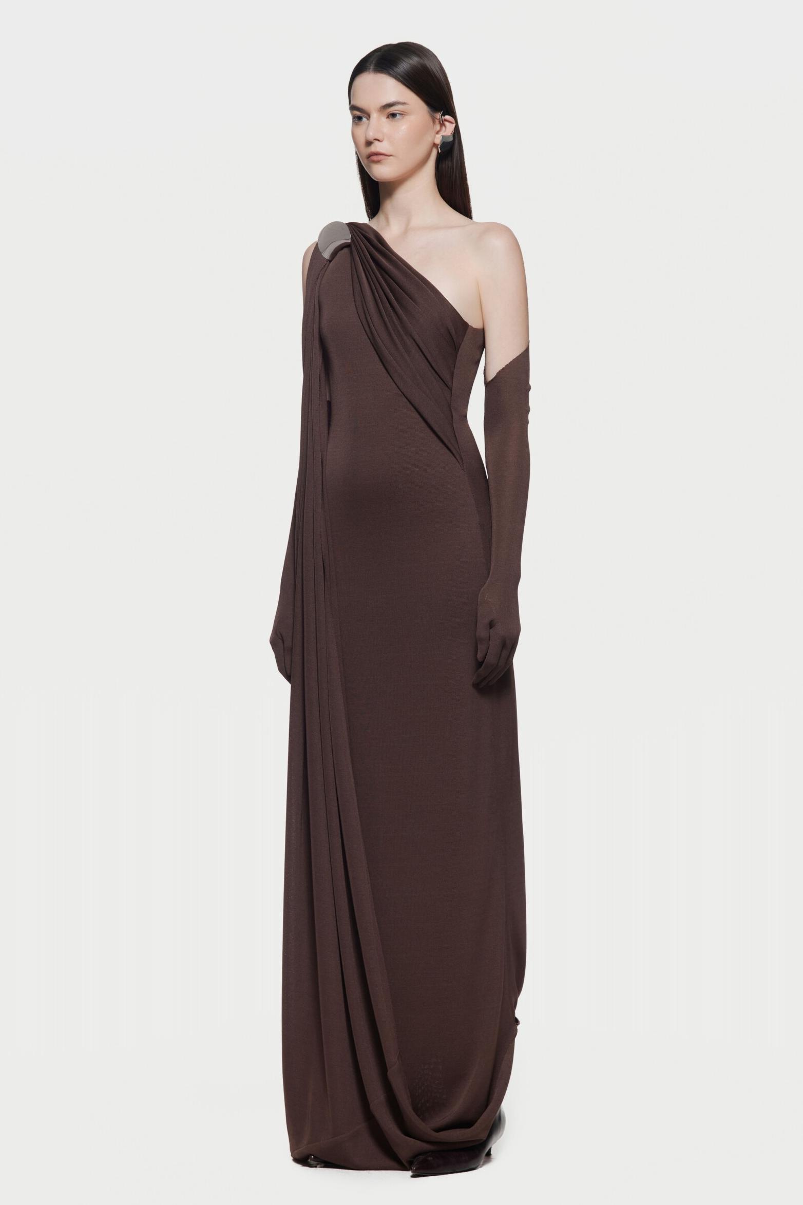 Asymmetric Neck Gathering With Gloves Bodycon Maxi Dress