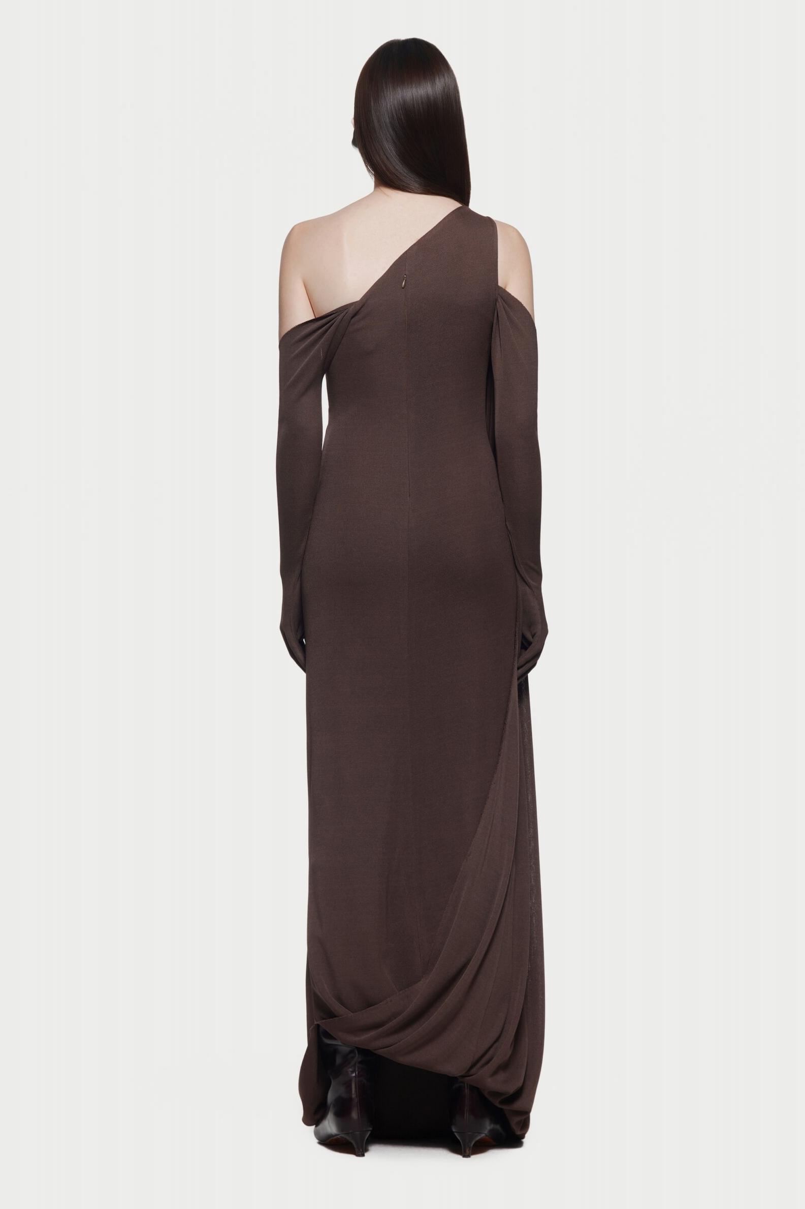 Asymmetric Neck Gathering With Gloves Bodycon Maxi Dress