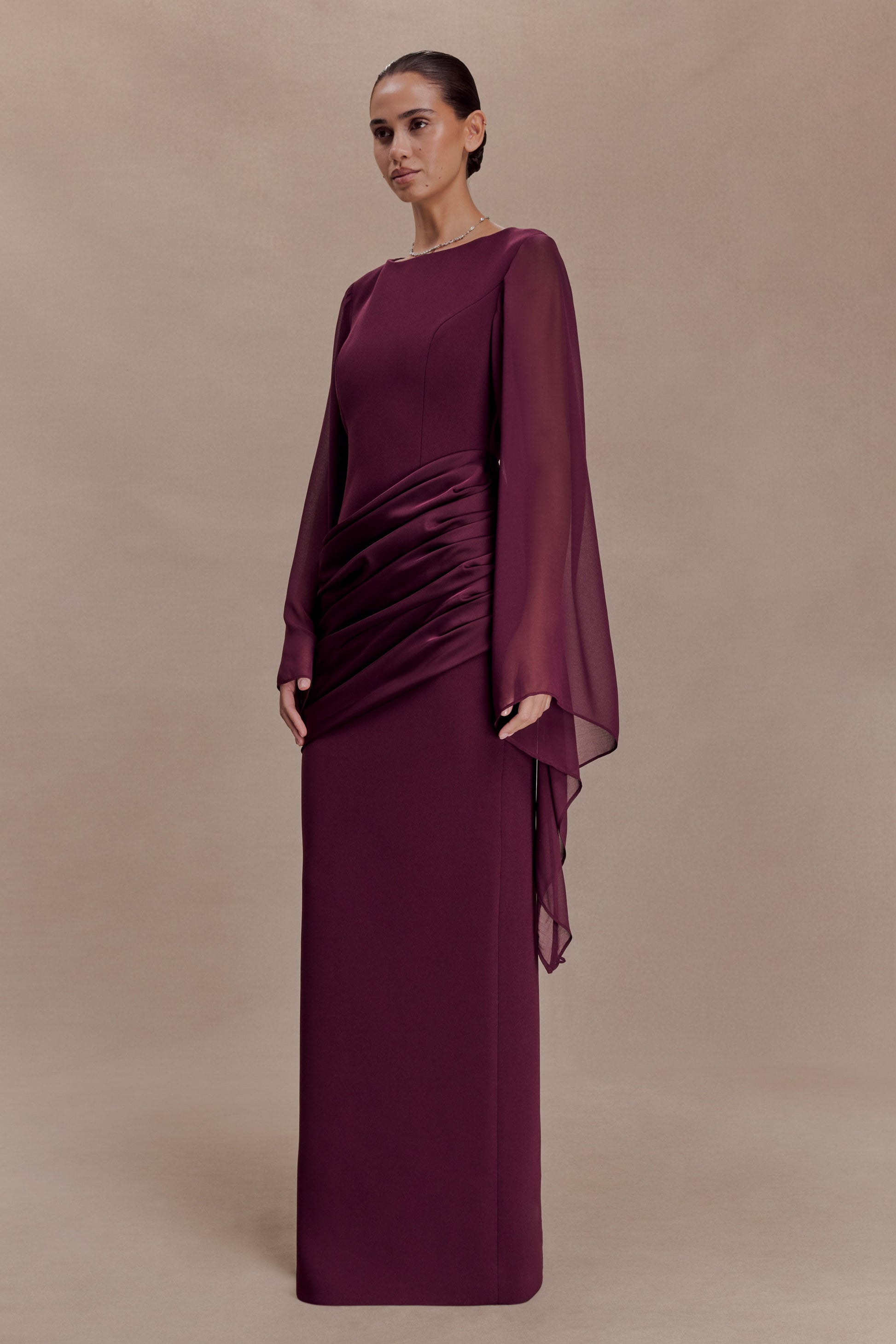 Waterfall Sleeves Pleated Maxi Dress