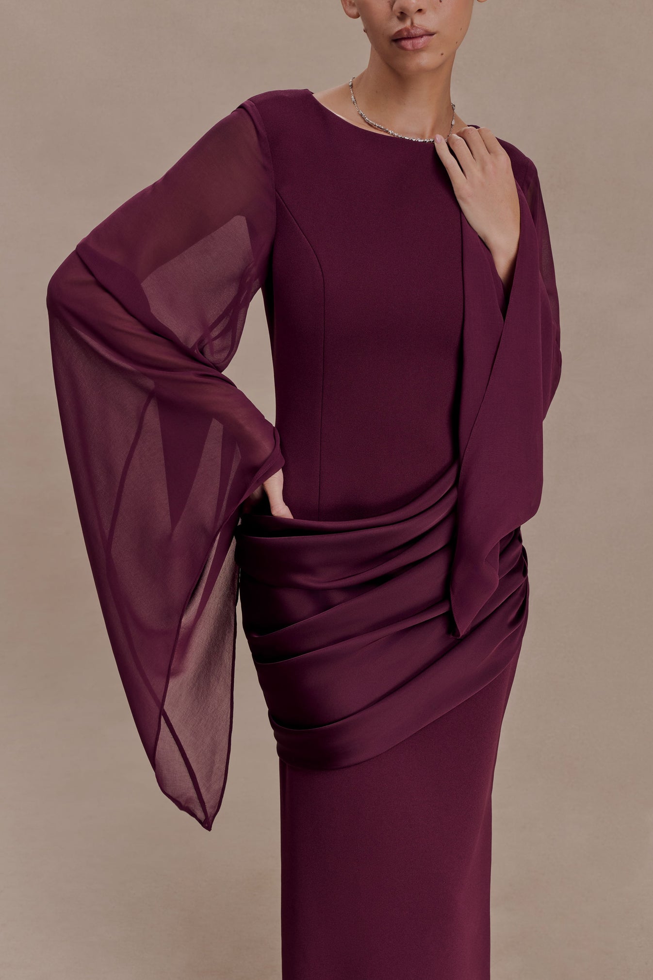 Waterfall Sleeves Pleated Maxi Dress