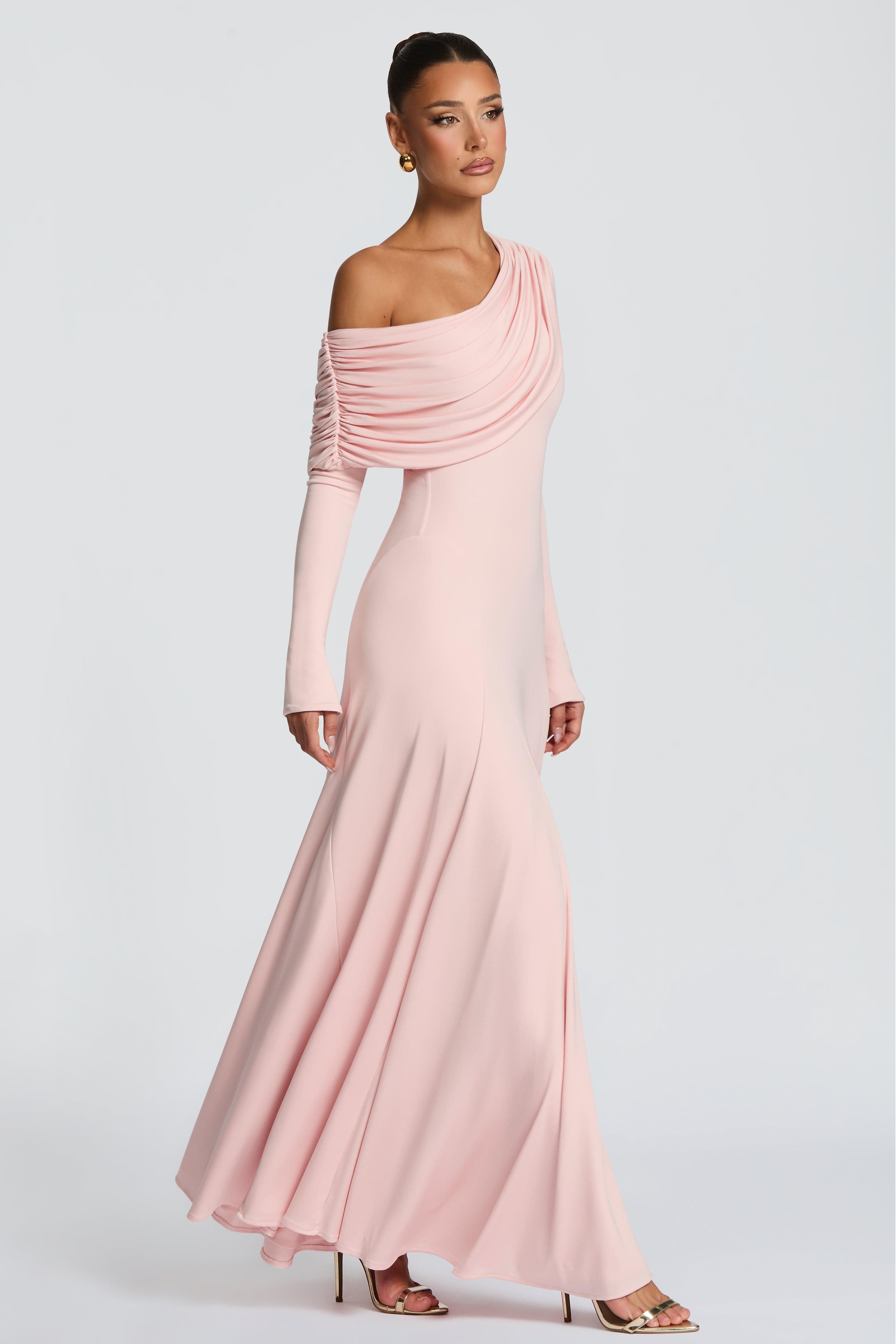 Solid Skew Collar Gathering Maxi Dress
