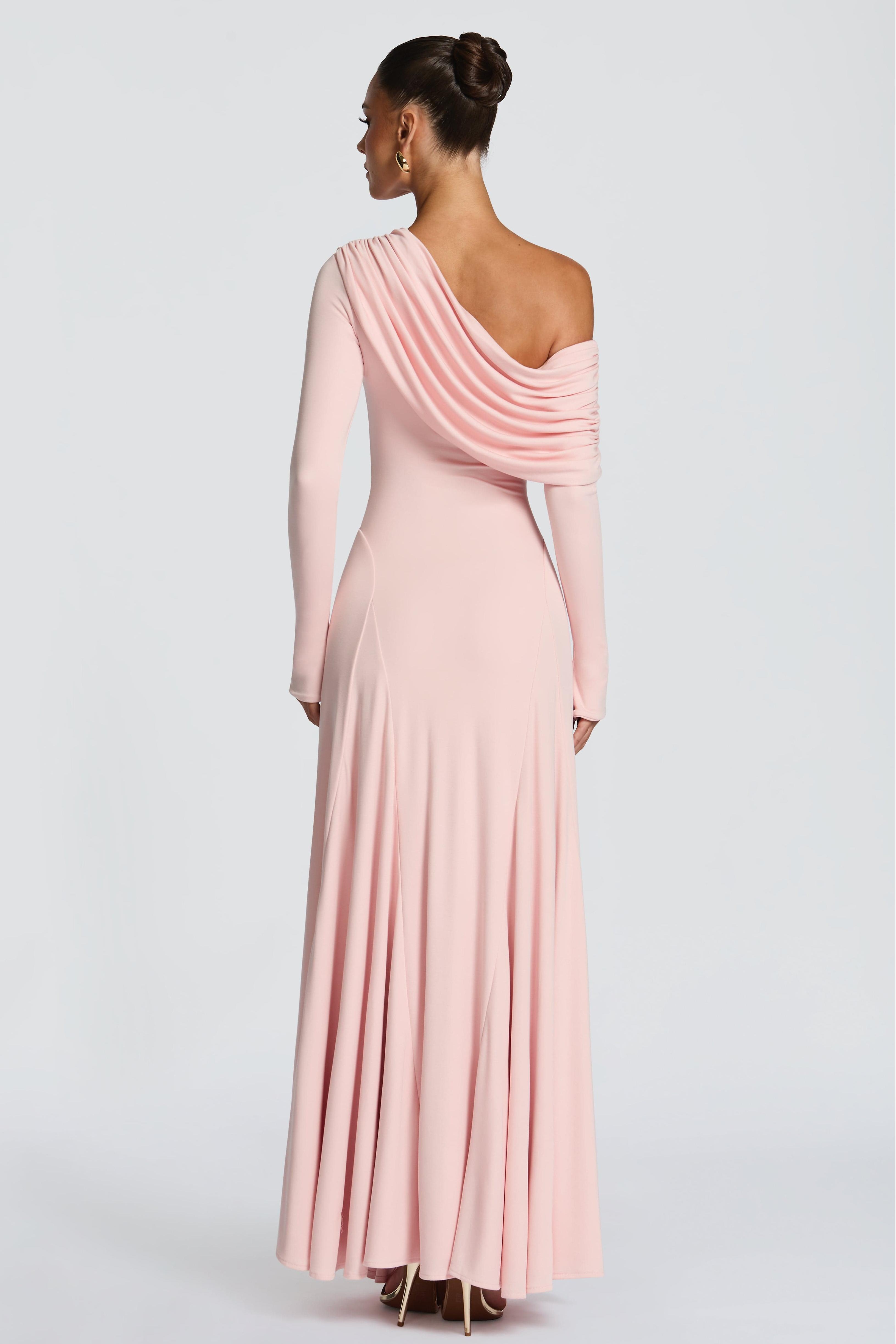 Solid Skew Collar Gathering Maxi Dress