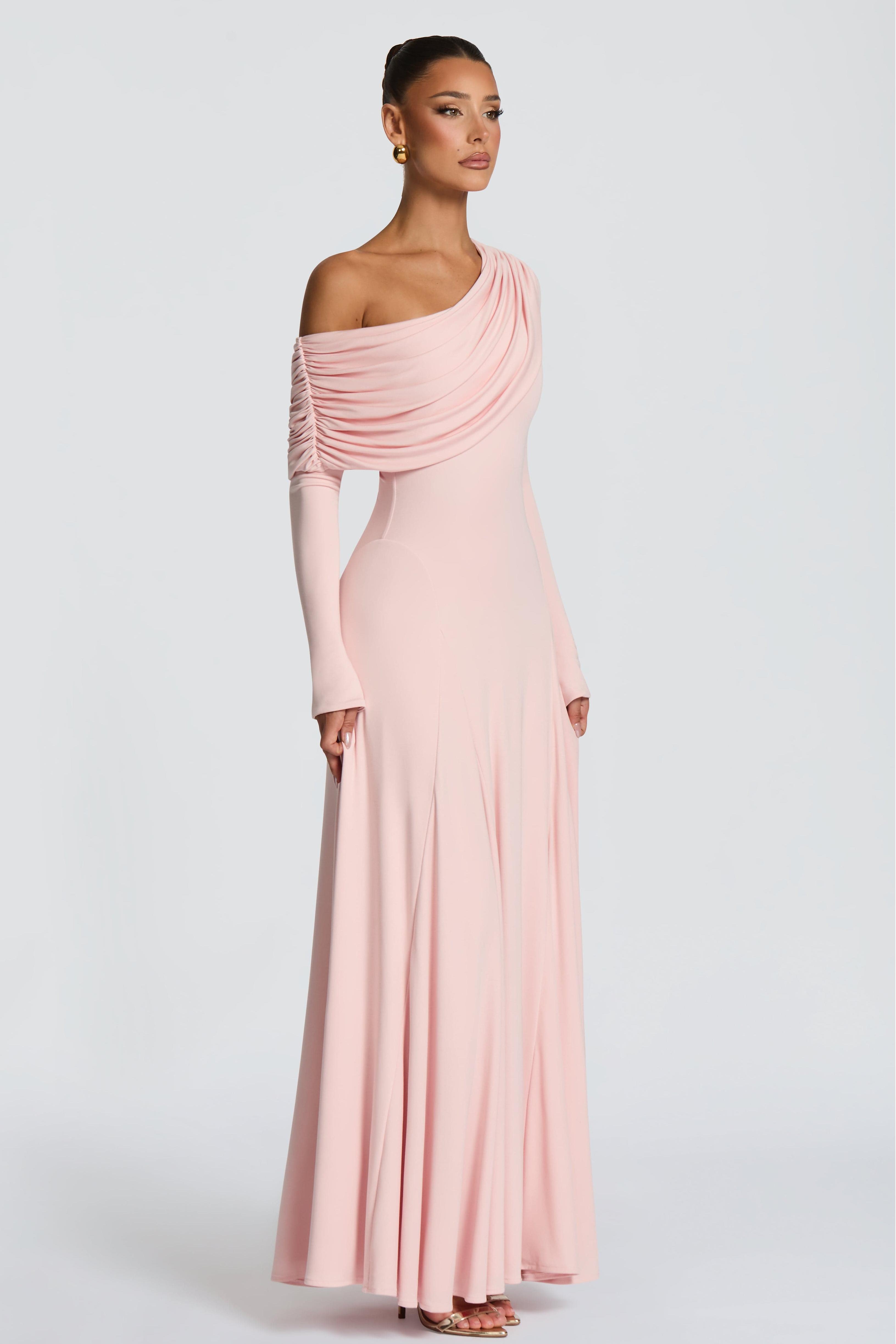 Solid Skew Collar Gathering Maxi Dress