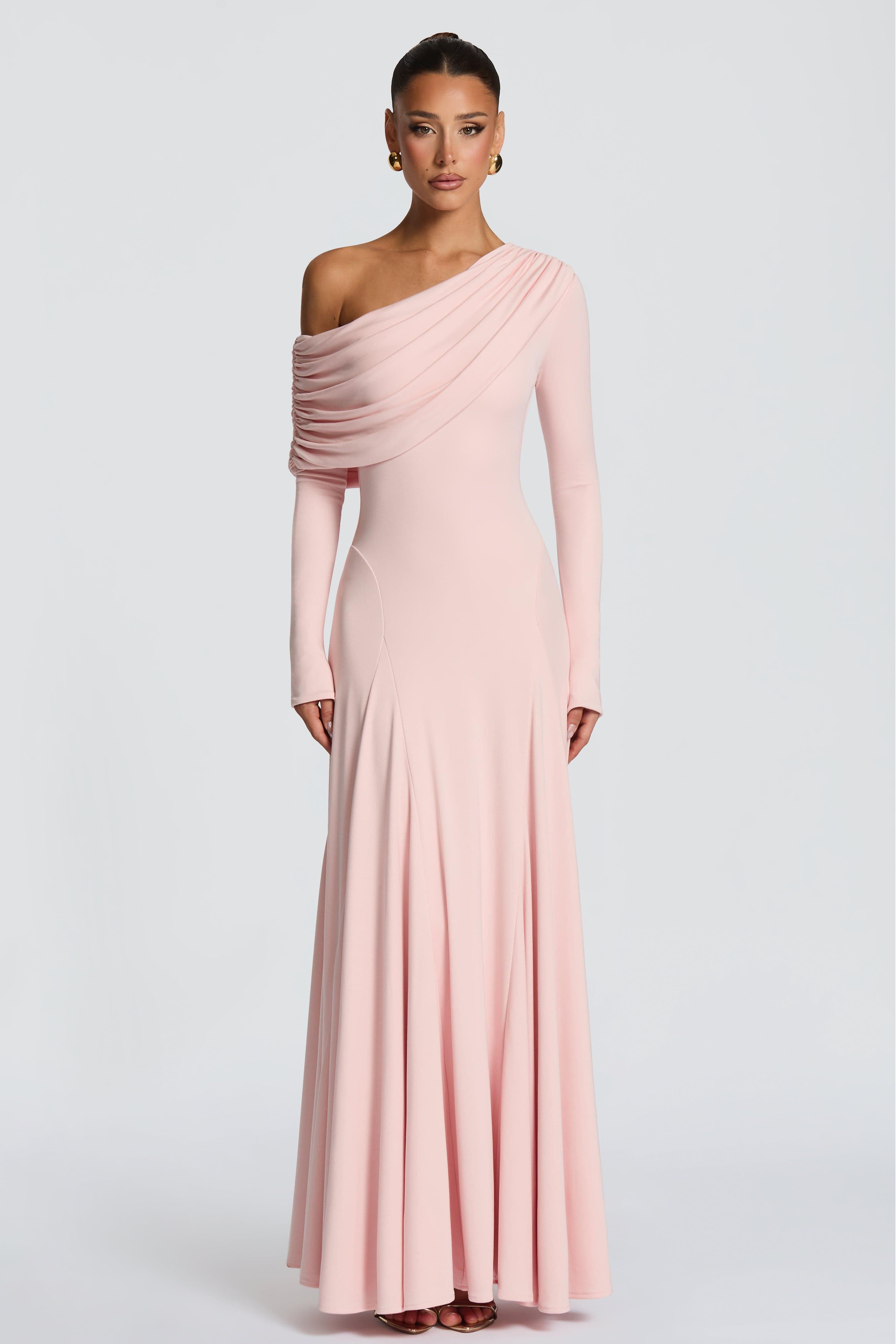 Solid Skew Collar Gathering Maxi Dress
