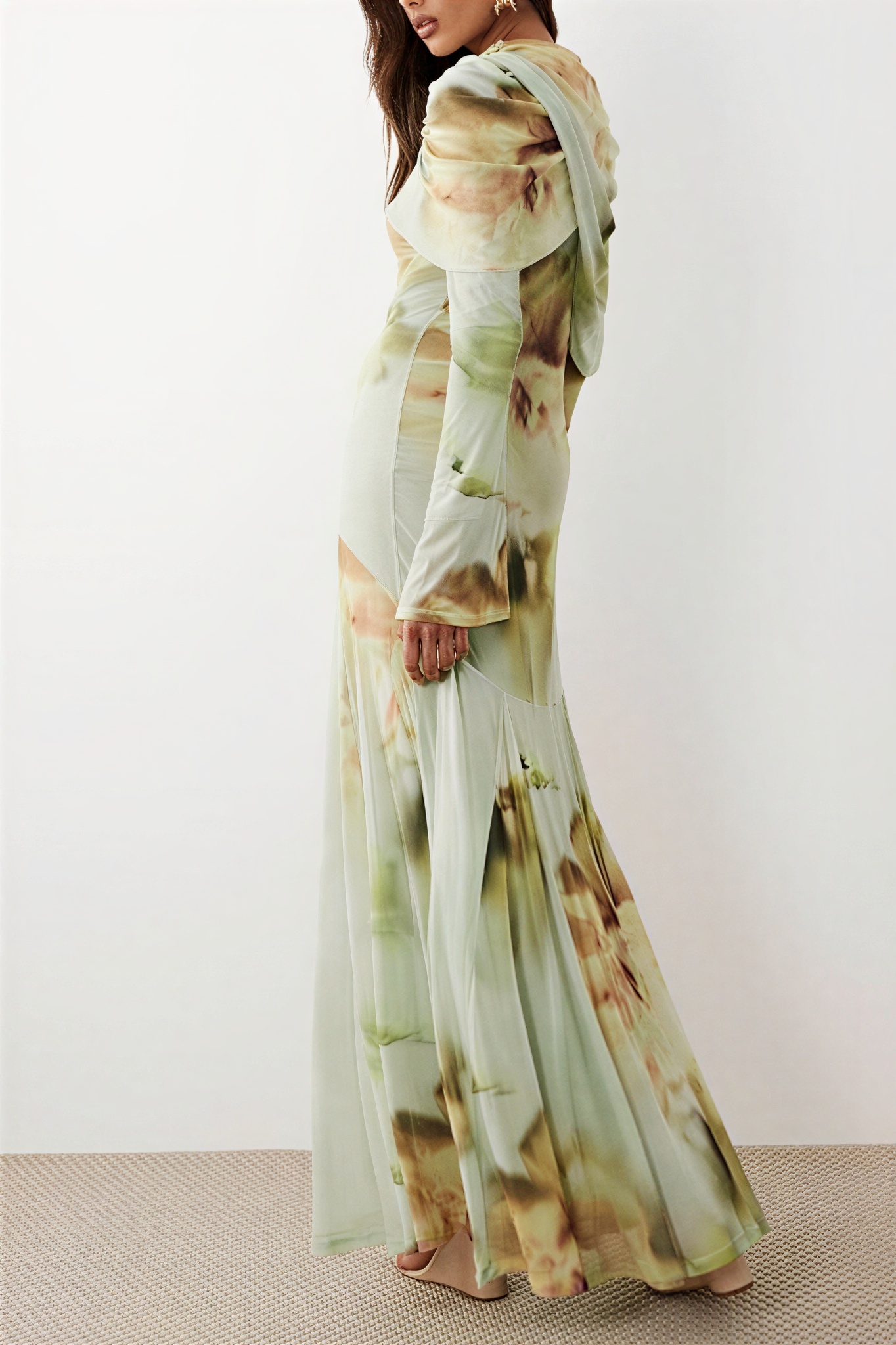Blurred Floral Print Draped Neckline Maxi Dress