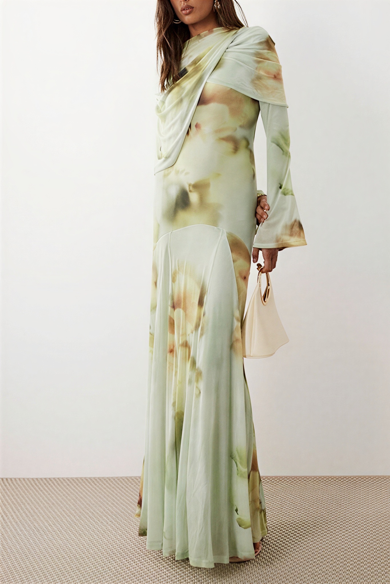 Blurred Floral Print Draped Neckline Maxi Dress