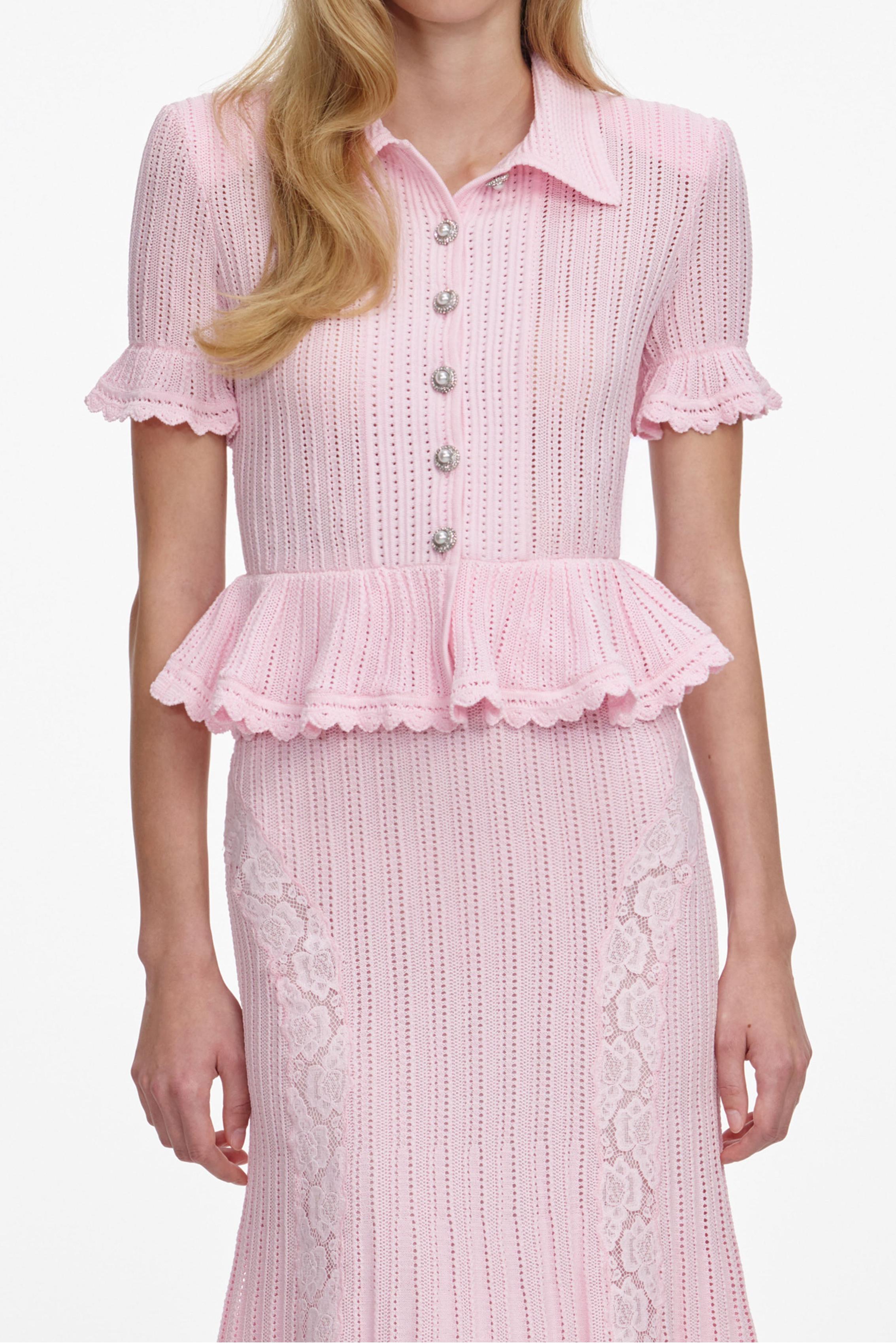 Knit Peplum Hem Top & Lace Splicing Midi Skirt Set