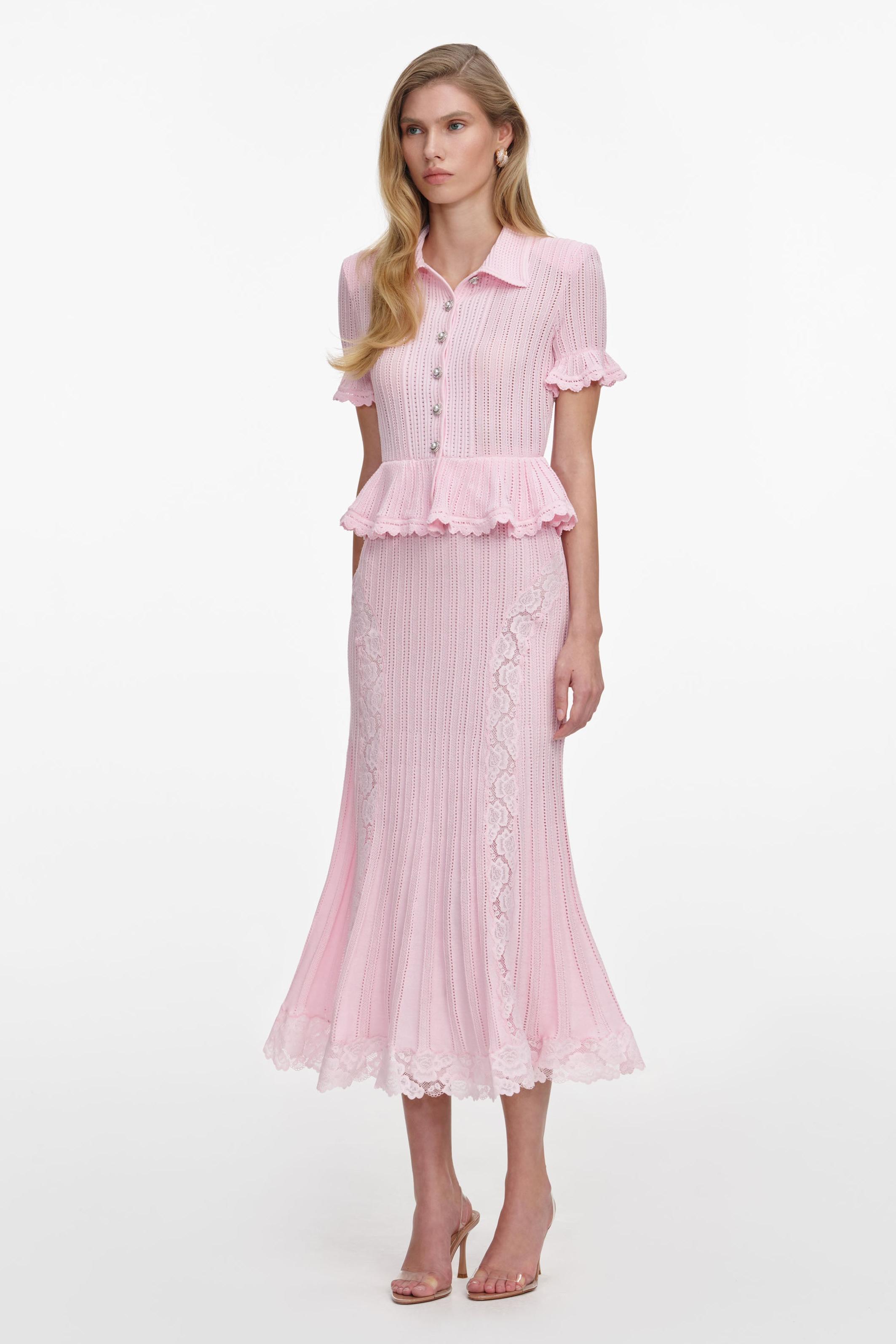 Knit Peplum Hem Top & Lace Splicing Midi Skirt Set