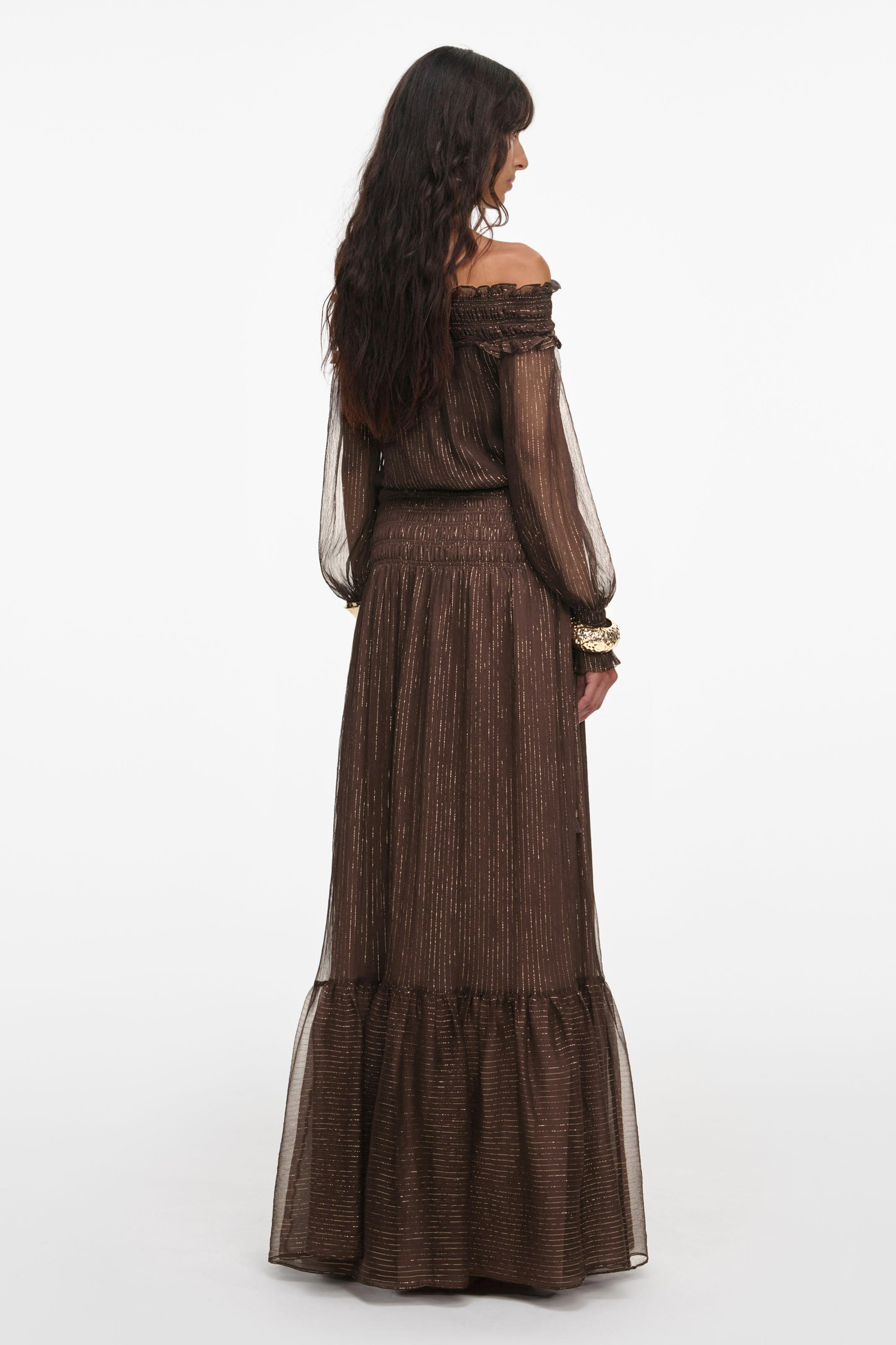 Off Shoulder Smoacking Frill Maxi Dress