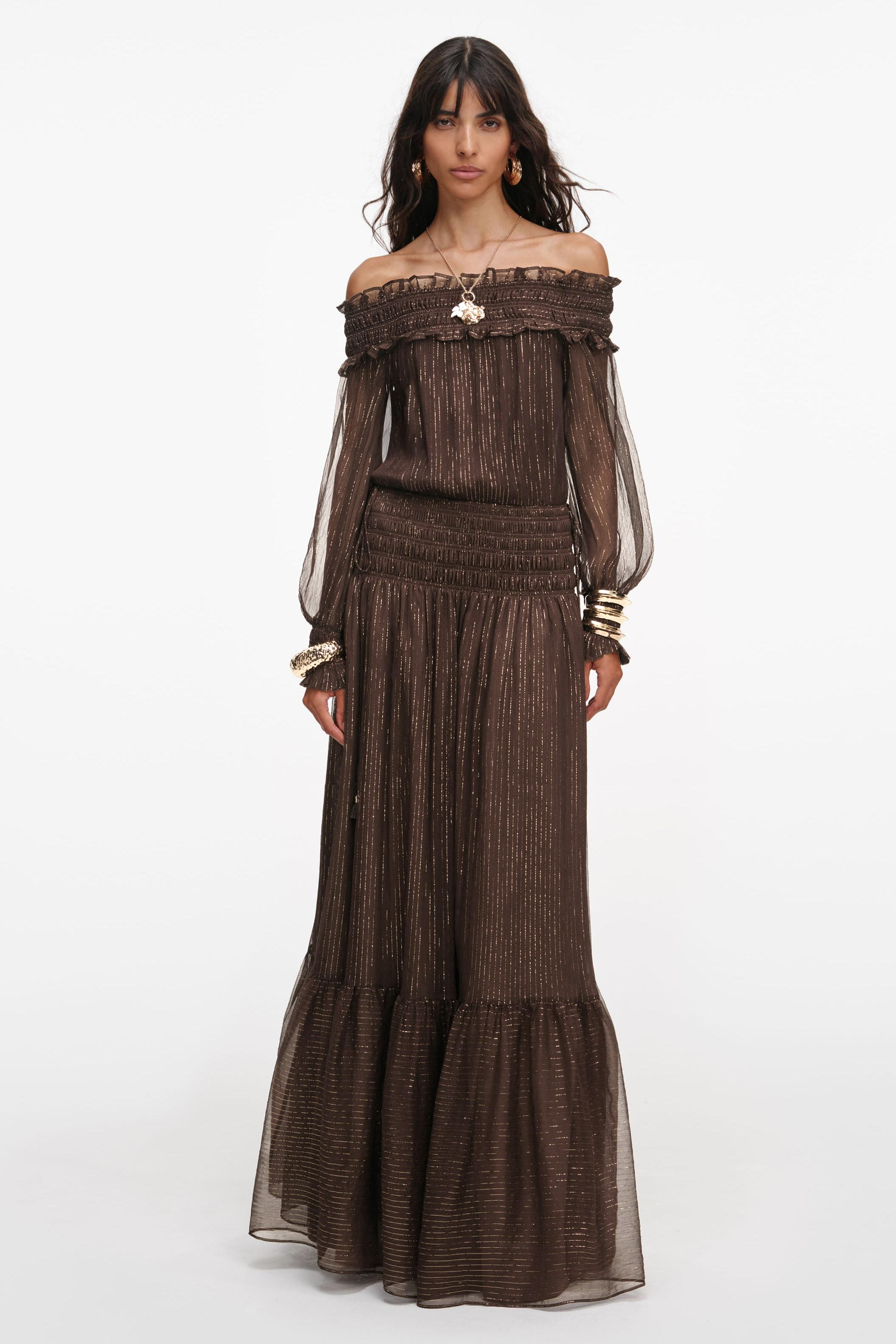 Off Shoulder Smoacking Frill Maxi Dress