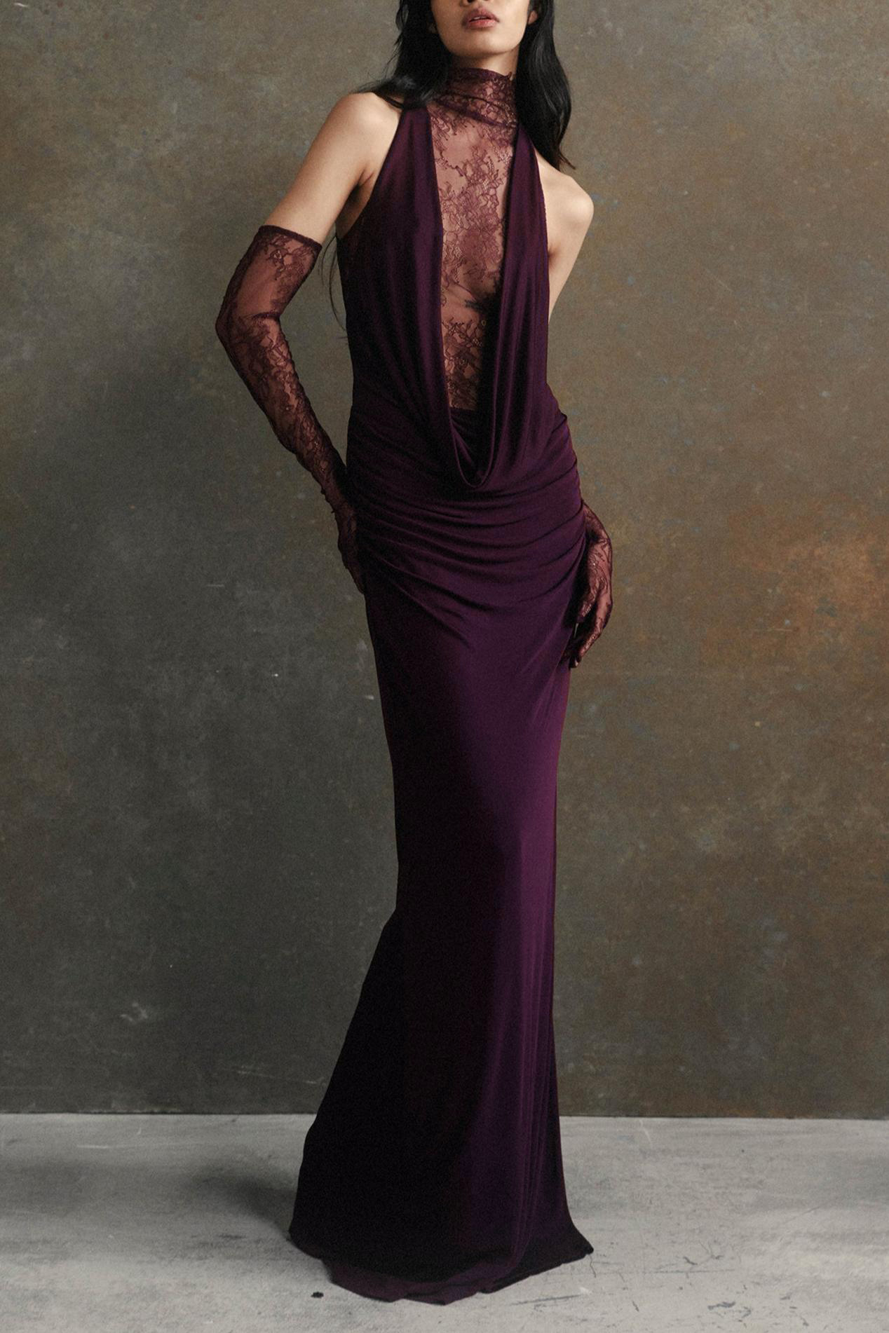 Plunging Cowl Lace Bodice Maxi Dress