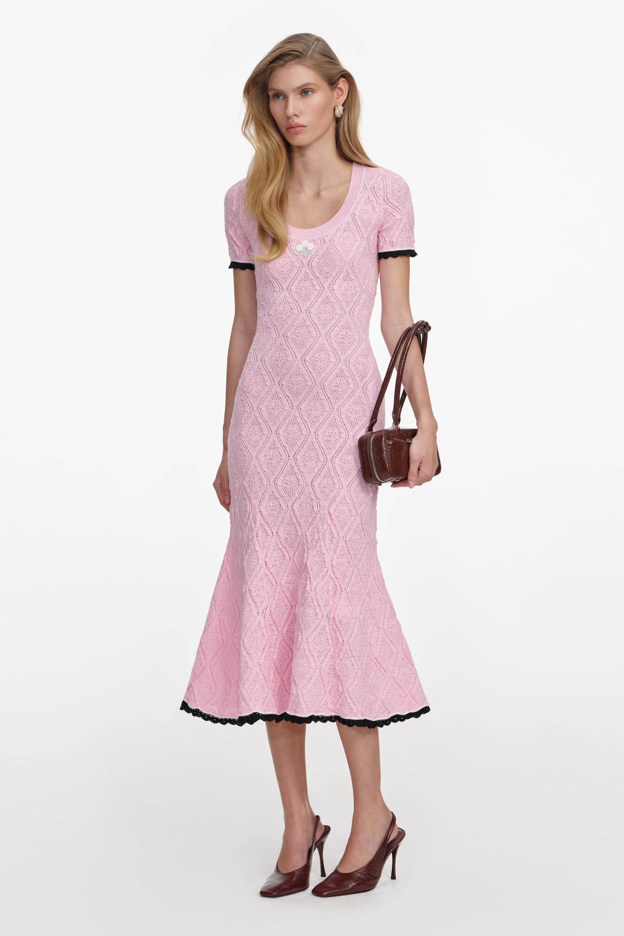 Contrast Color Pointelle Knit Midi Dress