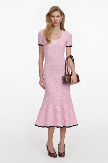 Contrast Color Pointelle Knit Midi Dress