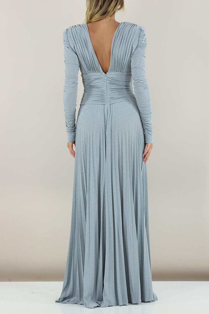 V Neck Puff Sleeve Pleat Maxi Dress