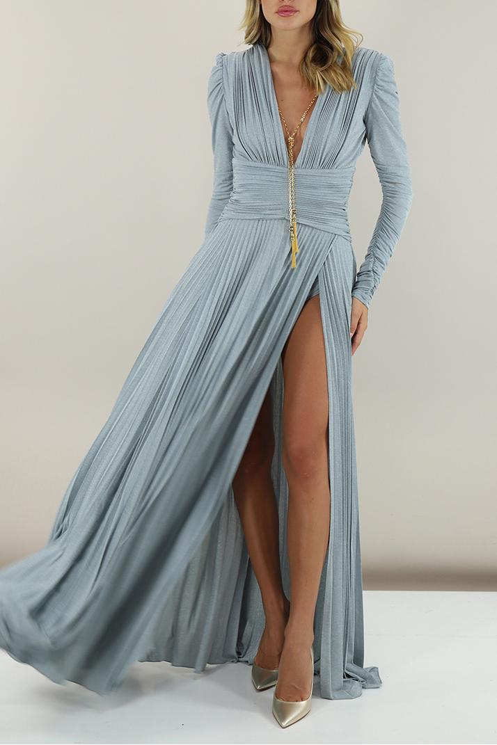 V Neck Puff Sleeve Pleat Maxi Dress