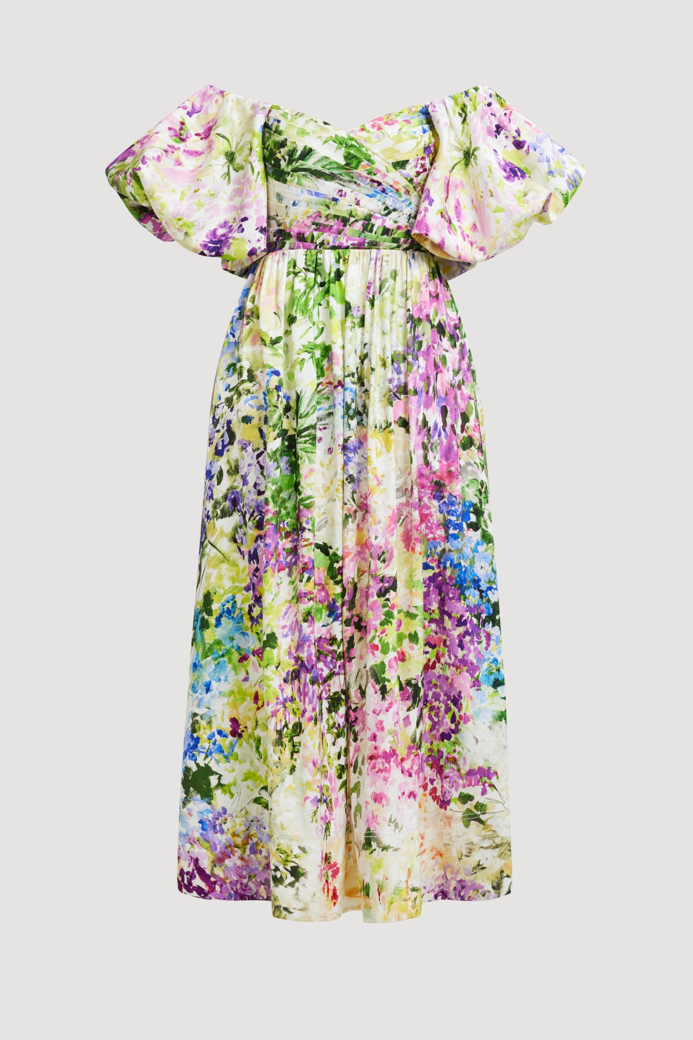 Oil Painting Print Off Shoulder Sweetheart Neck Puff Sleeve Midi Dress