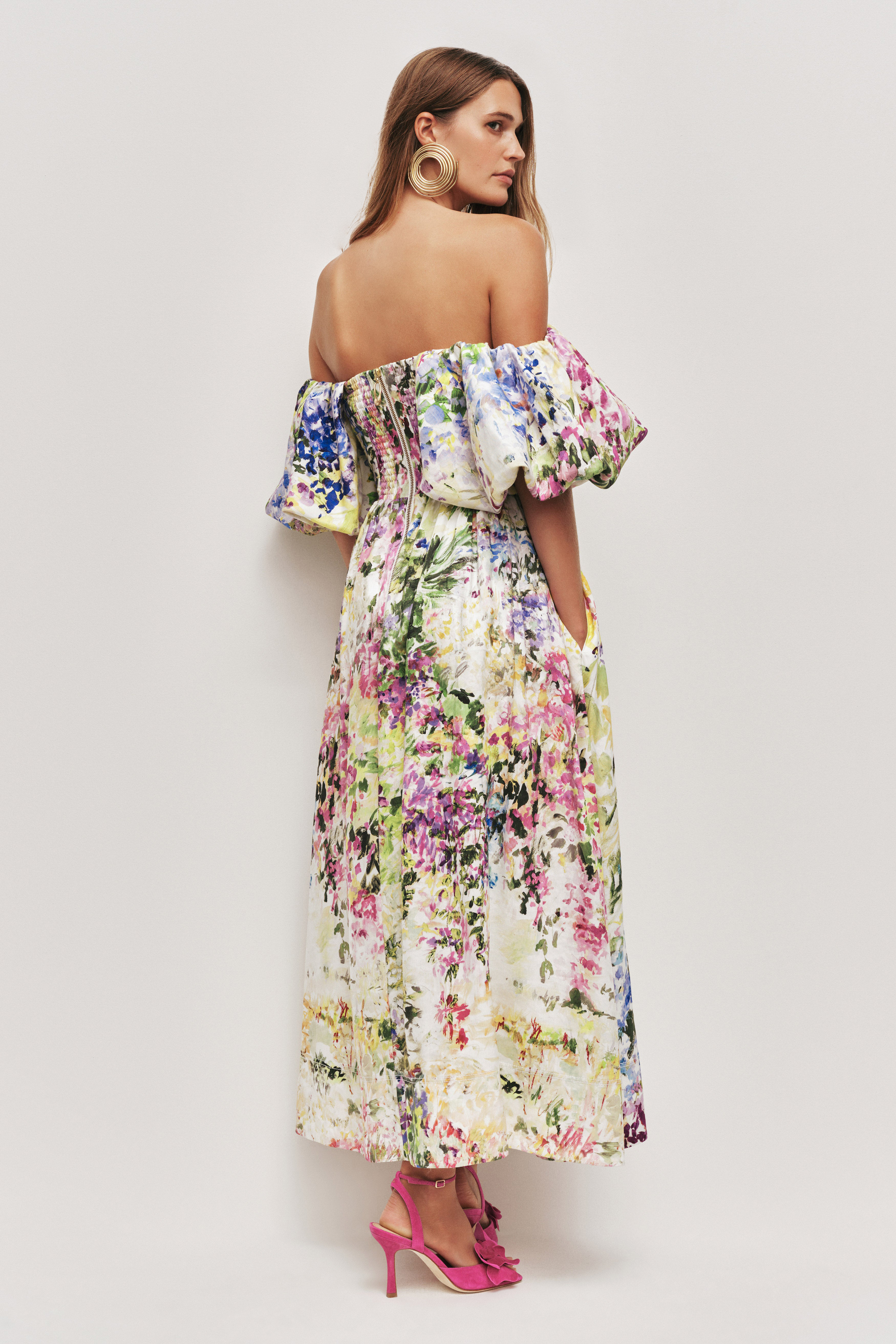 Oil Painting Print Off Shoulder Sweetheart Neck Puff Sleeve Midi Dress