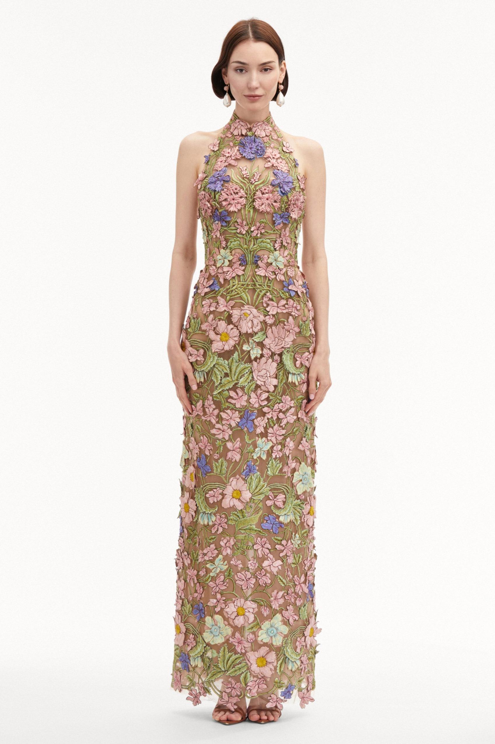 Helter Neck Embroidery Midi Dress