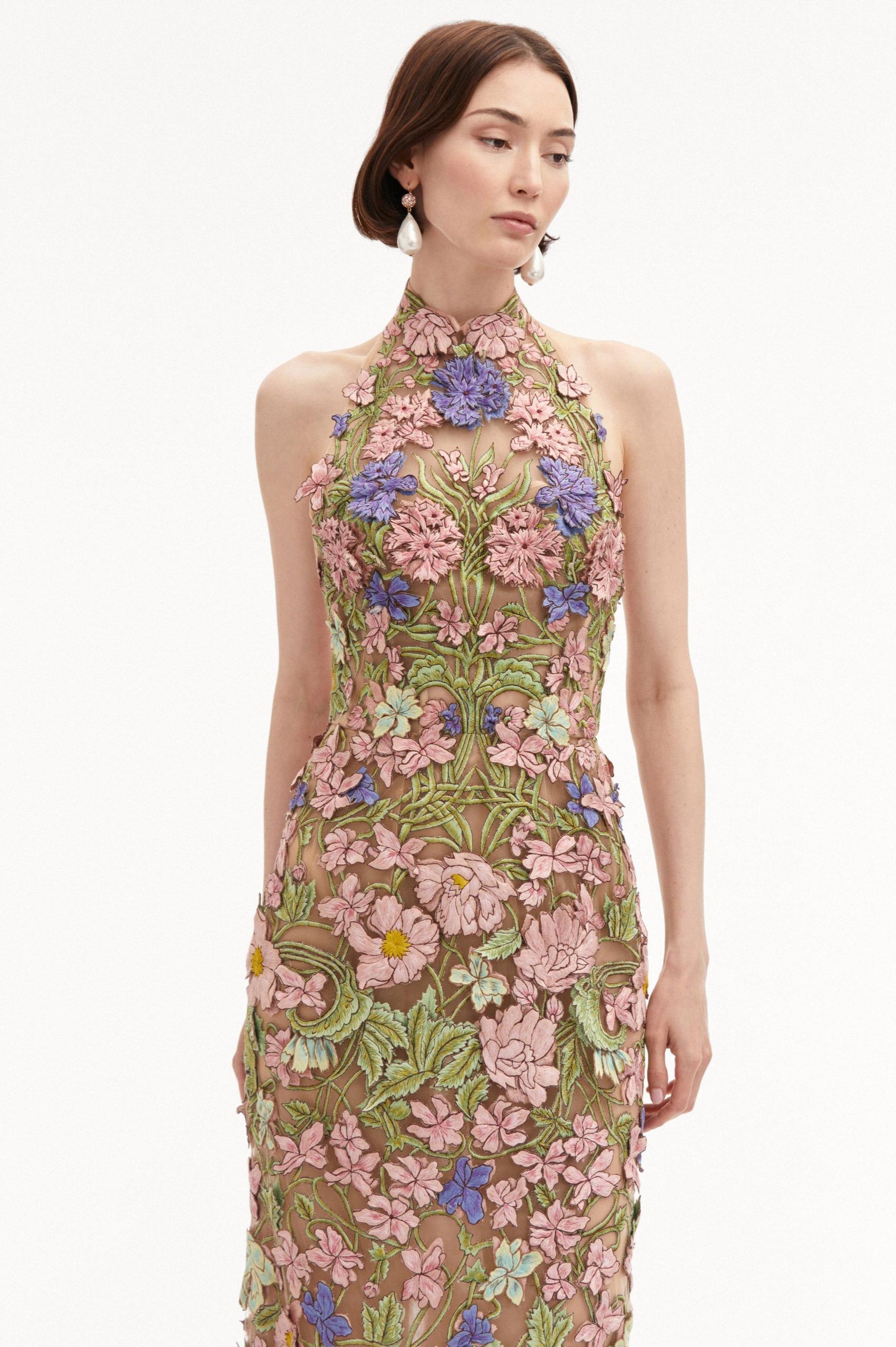 Helter Neck Embroidery Midi Dress