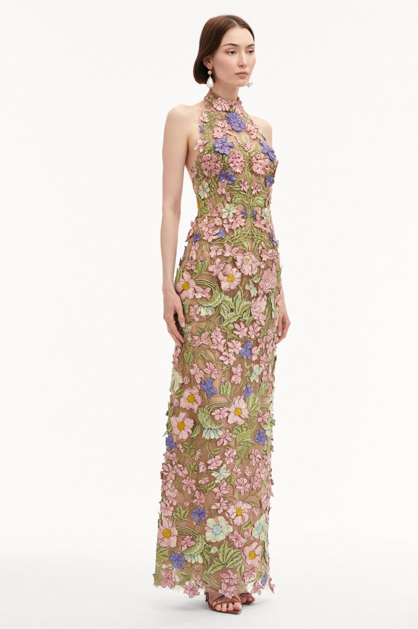 Helter Neck Embroidery Midi Dress