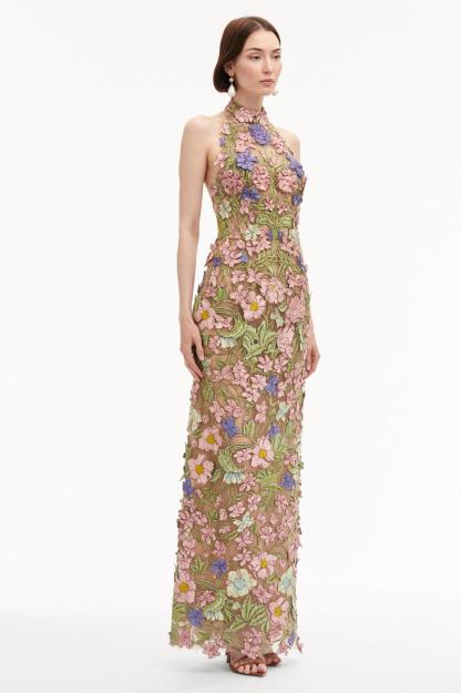 Helter Neck Embroidery Midi Dress