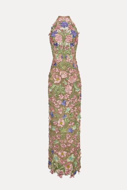 Helter Neck Embroidery Midi Dress